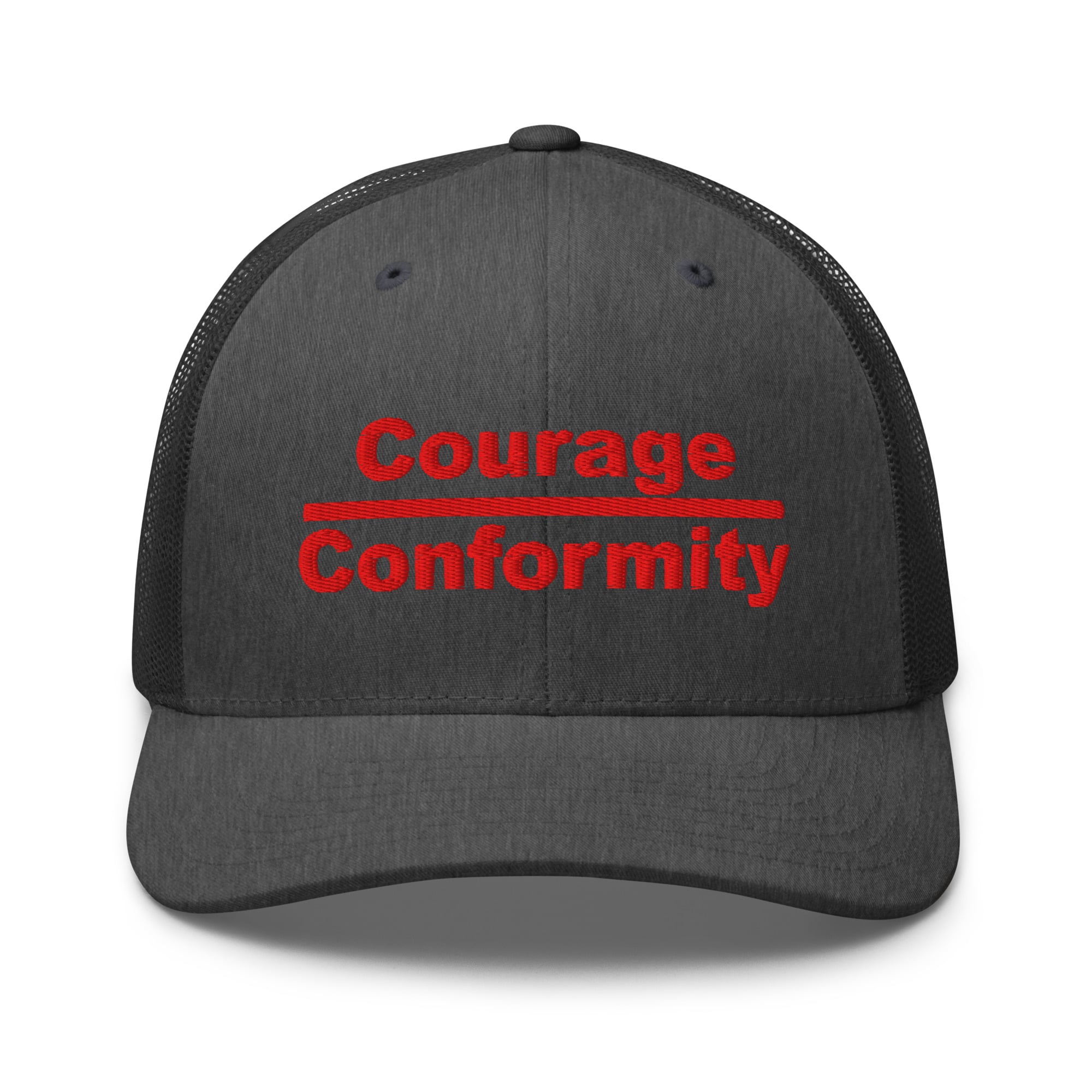Courage over Conformity retro trucker-hat-dark-heather-gray-front-69c83be3d3bf6
