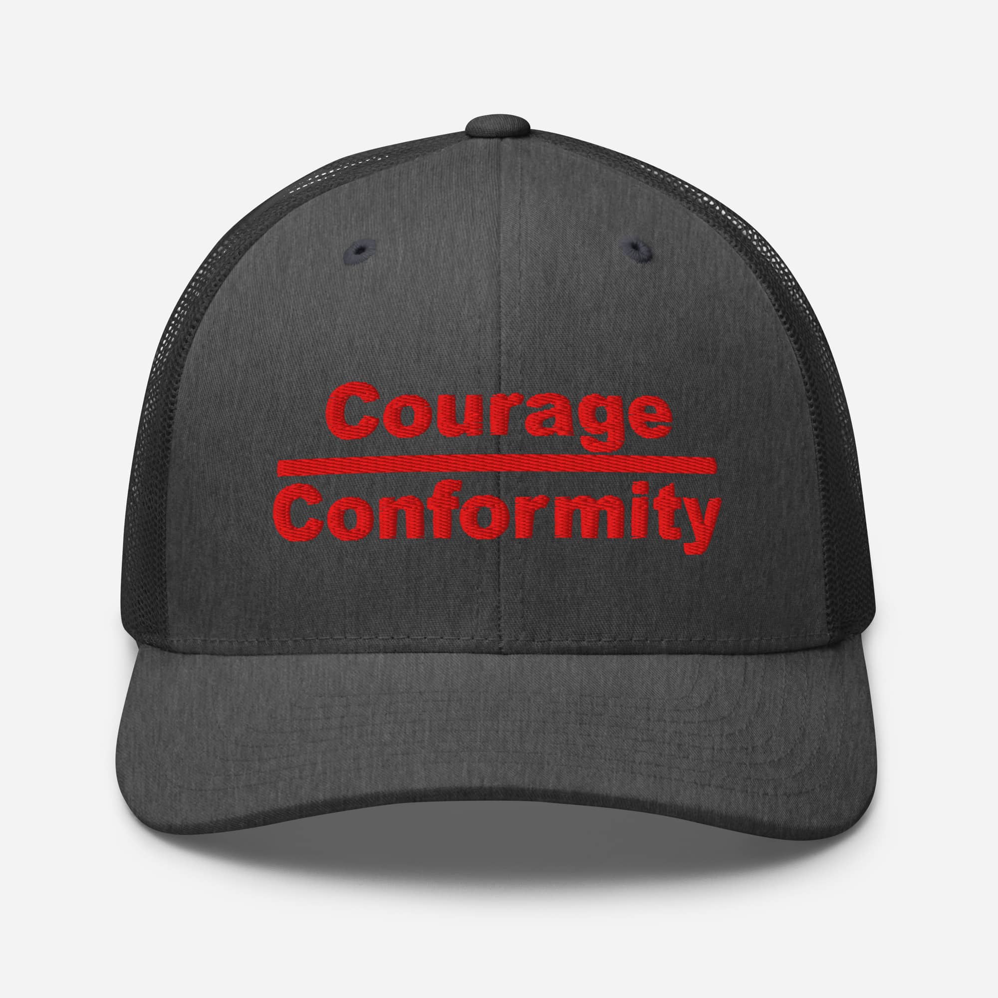 Courage over Conformity retro trucker-hat-dark-heather-gray-front-69c83be3d445d