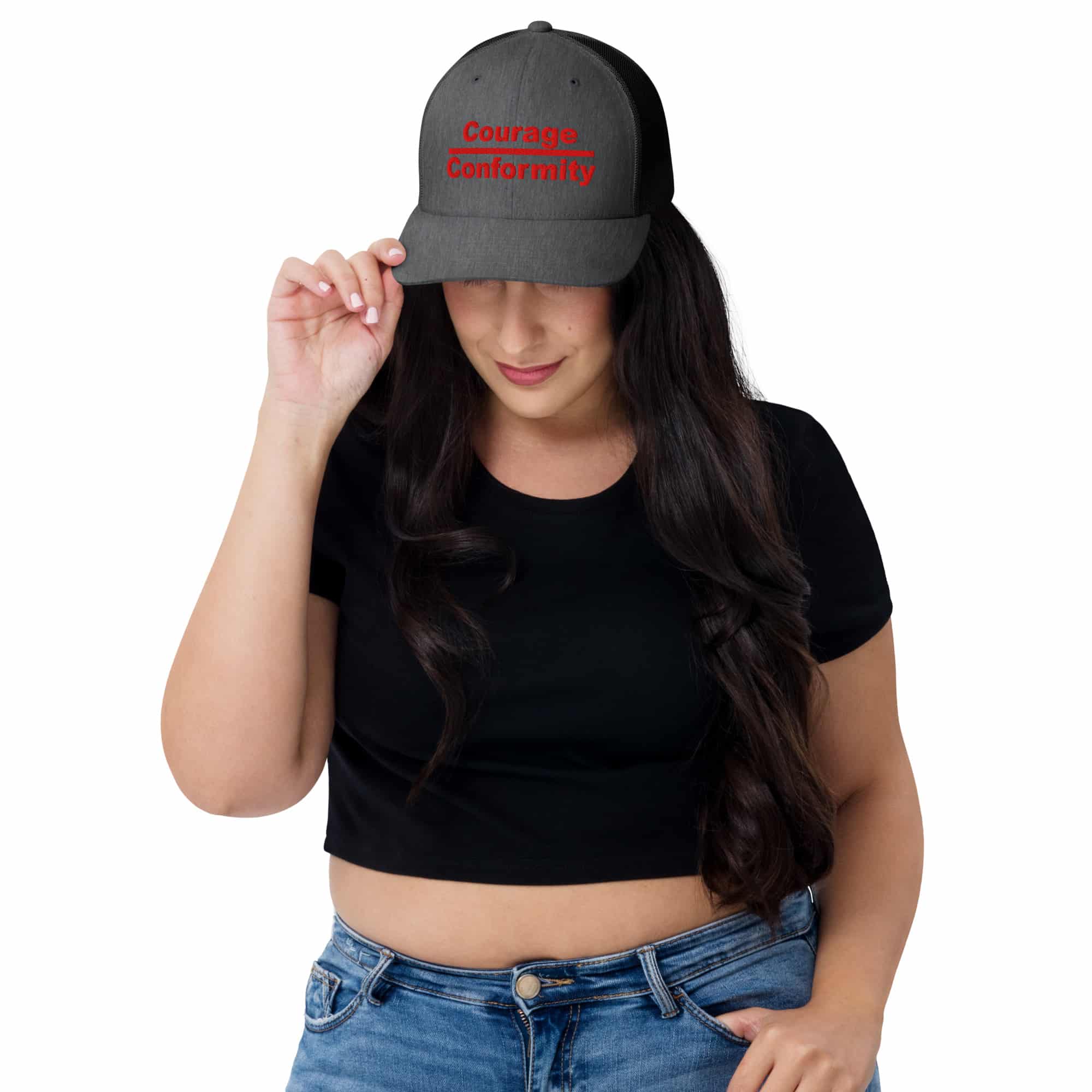 Courage over Conformity retro trucker-hat-dark-heather-gray-front-69c83be3d4a88