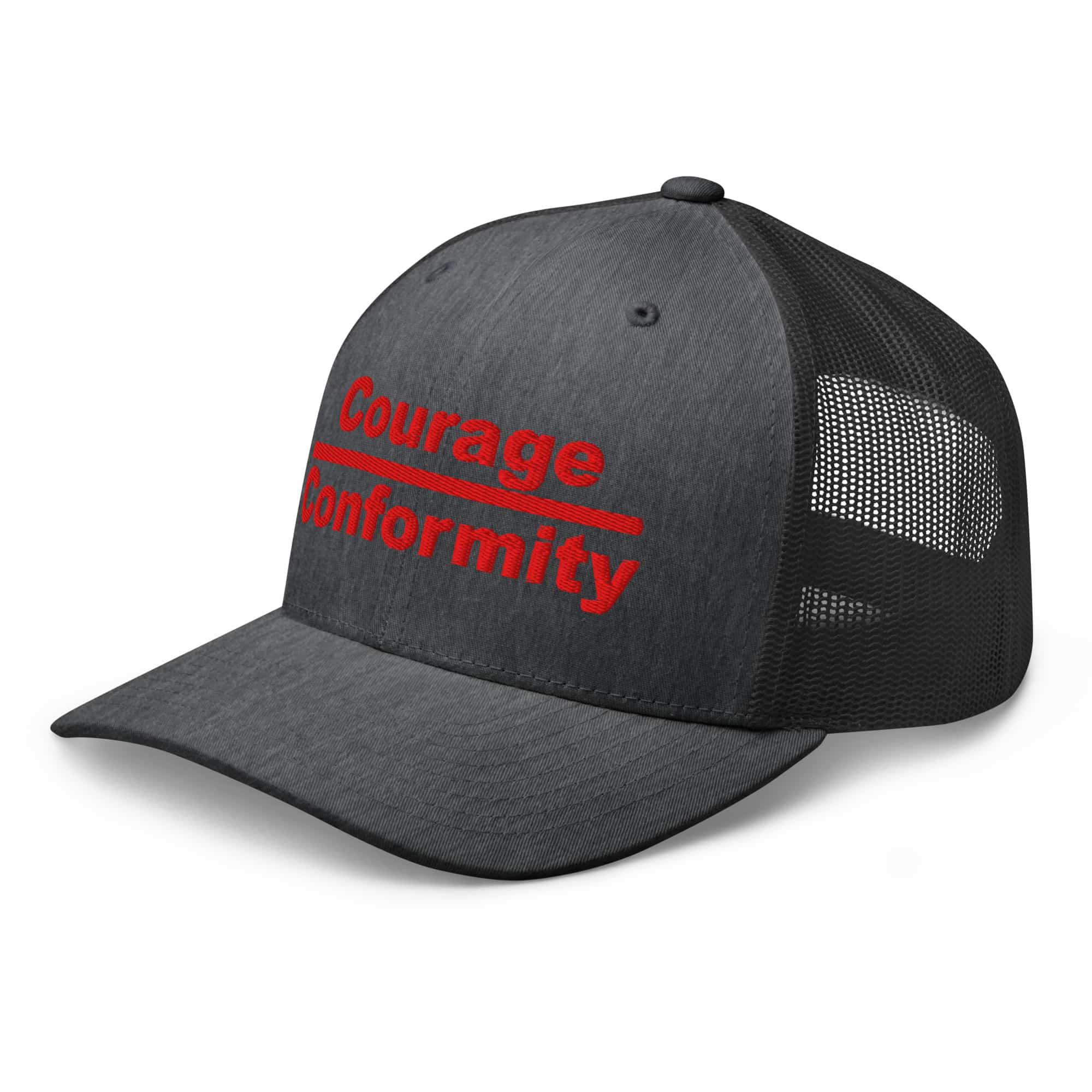 Courage over Conformity retro trucker-hat-dark-heather-gray-left-front-69c83be3d41d9