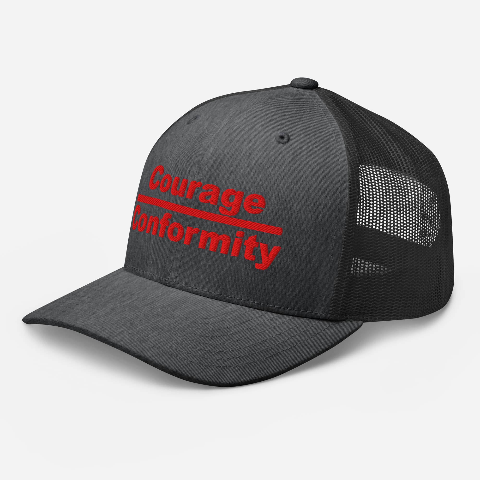 Courage over Conformity retro trucker-hat-dark-heather-gray-left-front-69c83be3d4779