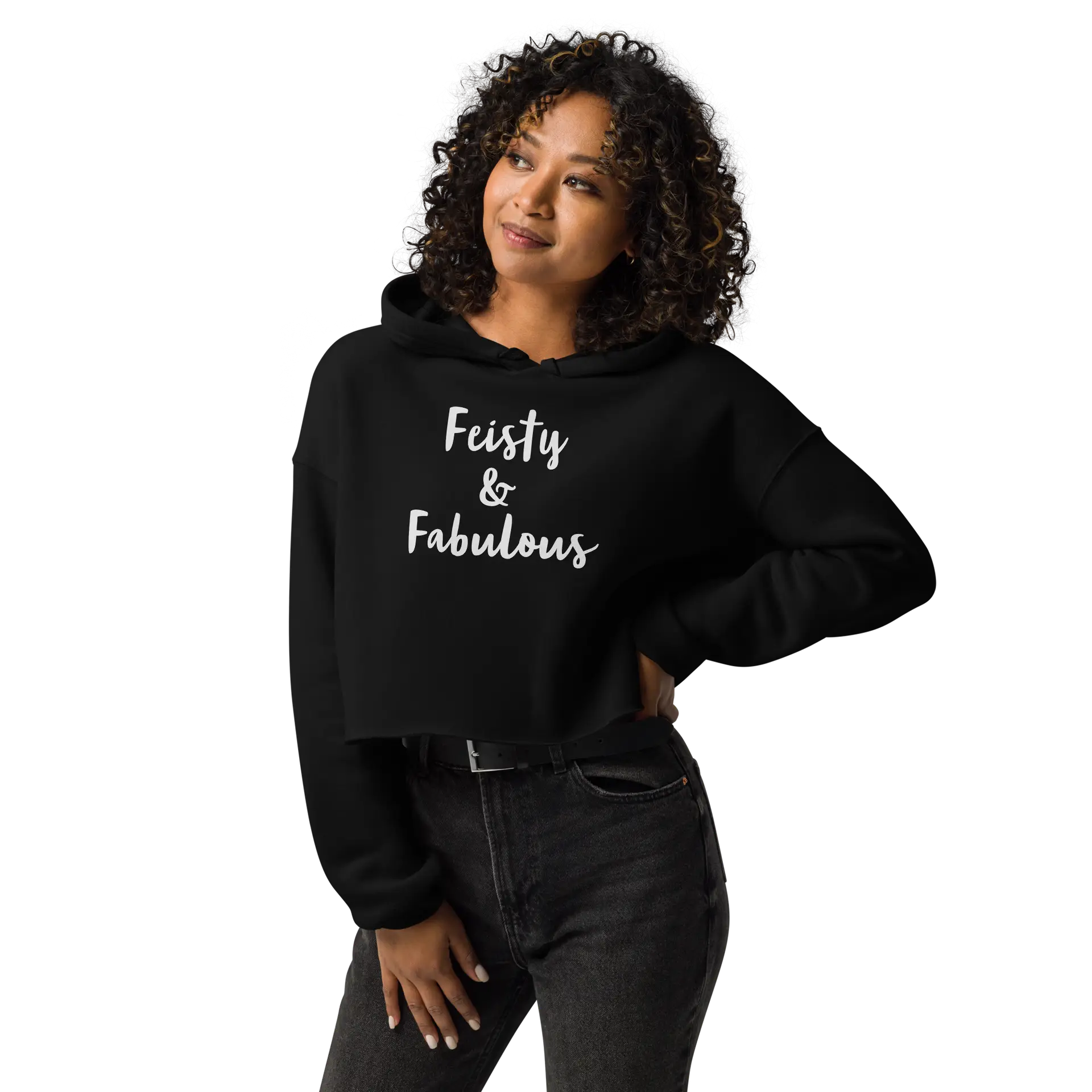 Feisty & Fabulous cropped hoodie black-front-68390f9d6d5a1