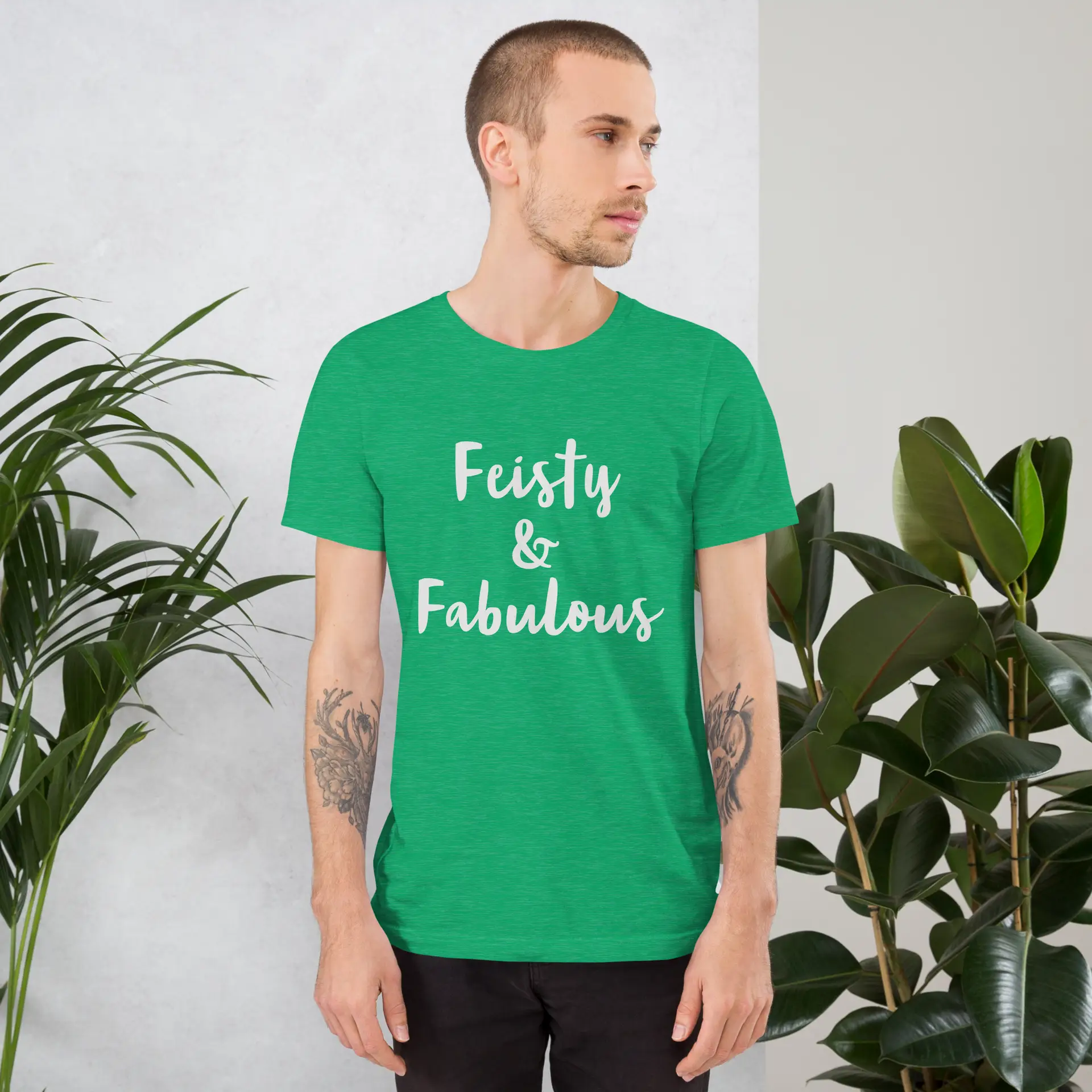 Feisty & Fabulous staple t-shirt heather-kelly-front-68390ab57b279