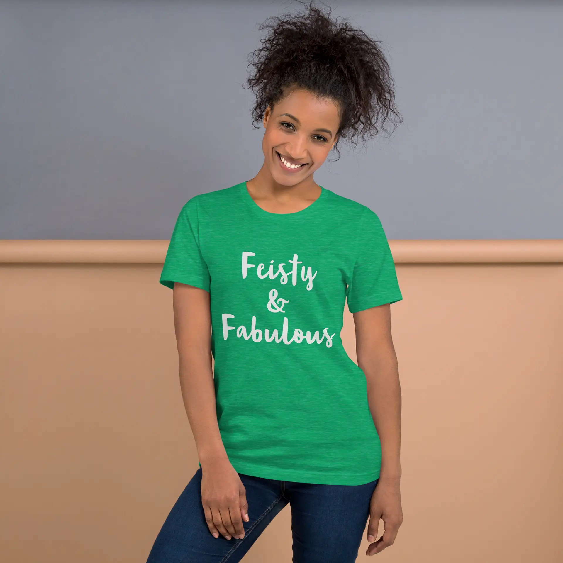 Feisty & Fabulous staple t-shirt heather-kelly-front-68390ab589f90