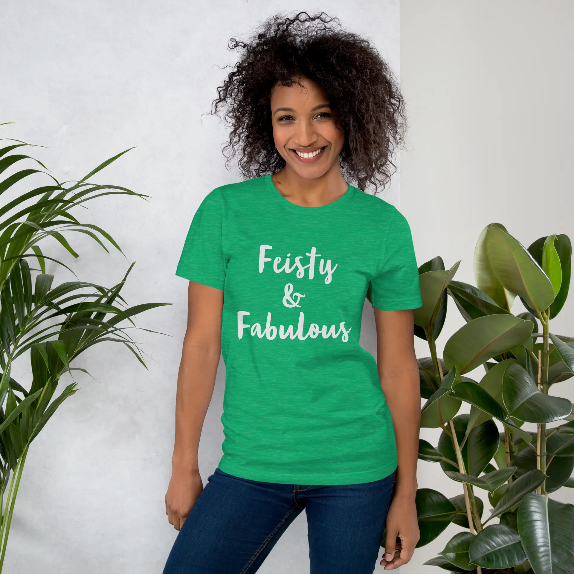 Feisty & Fabulous staple t-shirt heather-kelly-front-68390ab59aa59