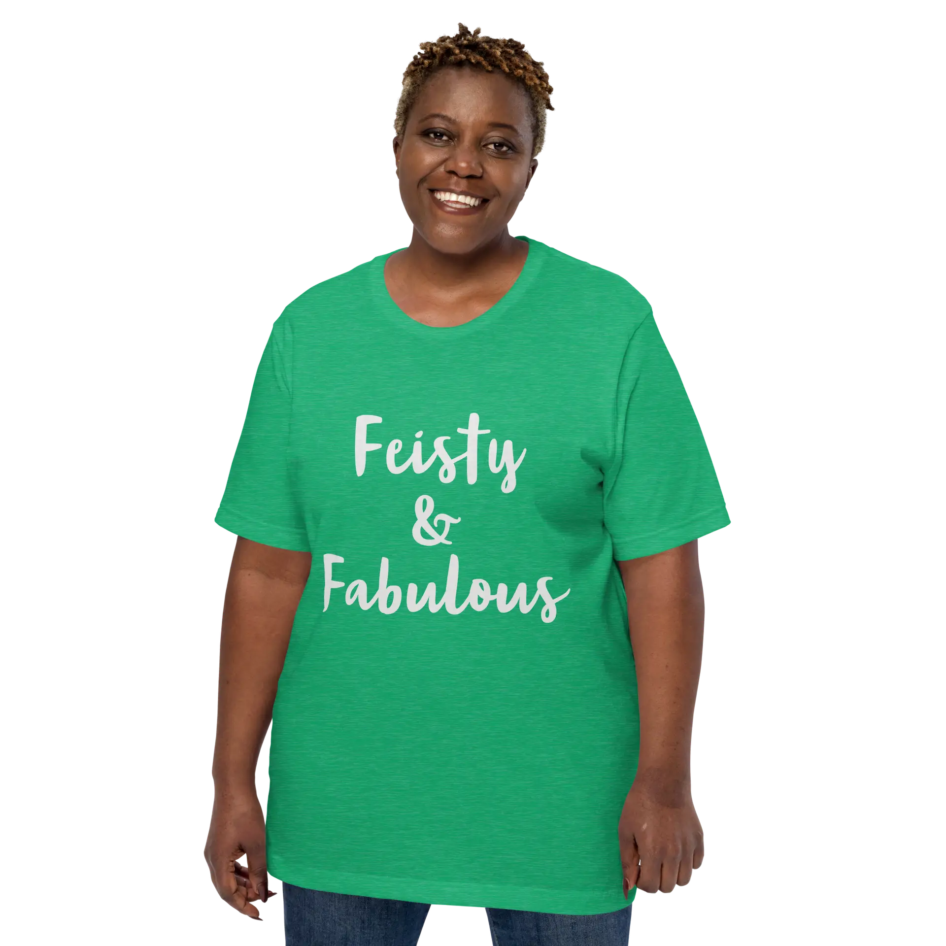 Feisty & Fabulous staple t-shirt heather-kelly-front-68390ab5d42c5