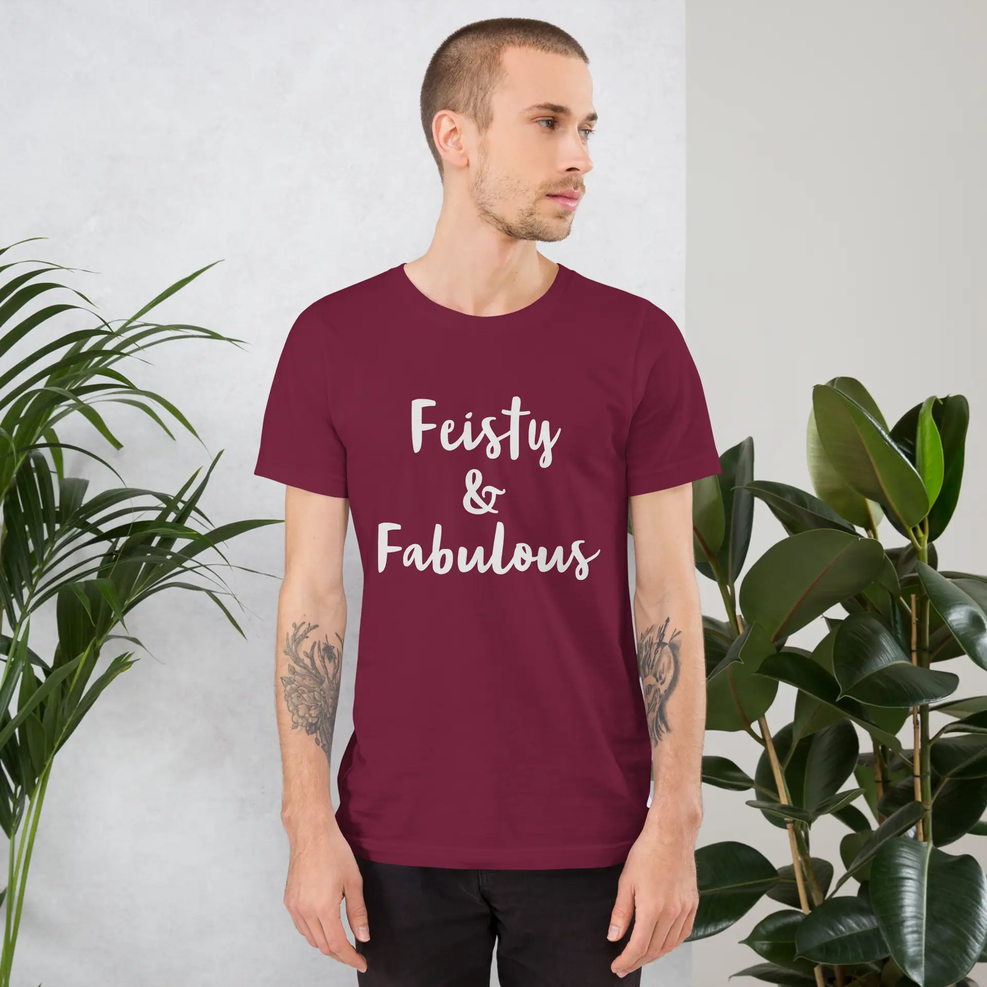 Feisty & Fabulous staple t-shirt maroon-front-68390ab3e177e