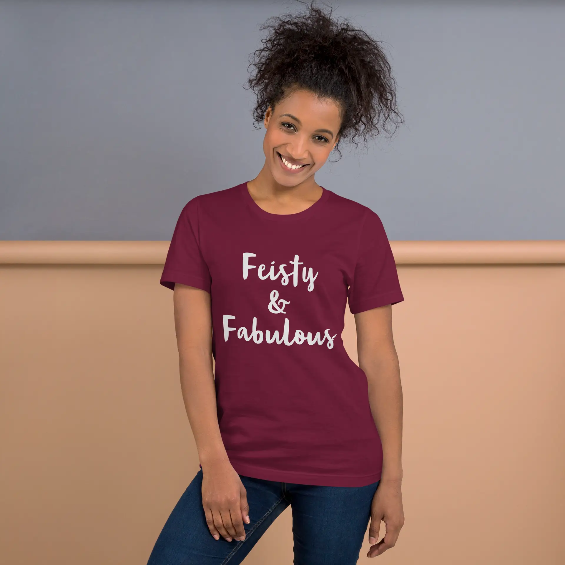 Feisty & Fabulous staple t-shirt maroon-front-68390ab3e673b