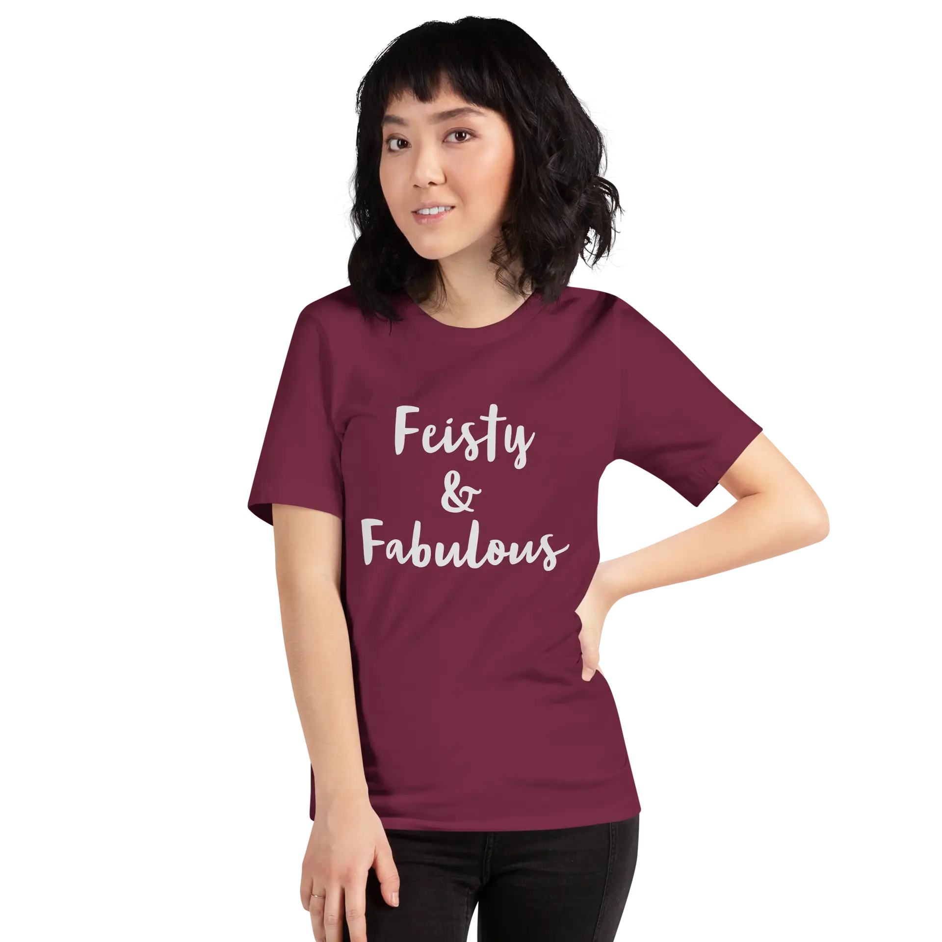 Feisty & Fabulous staple t-shirt maroon-front-68390ab3f35be