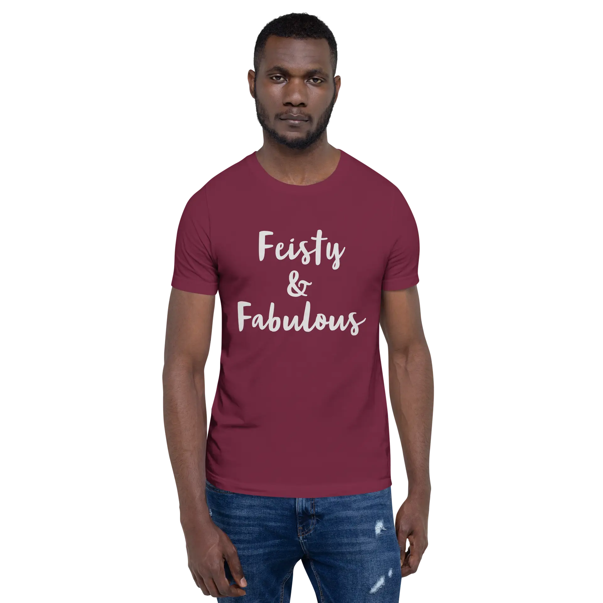 Feisty & Fabulous staple t-shirt maroon-front-68390ab404a9a
