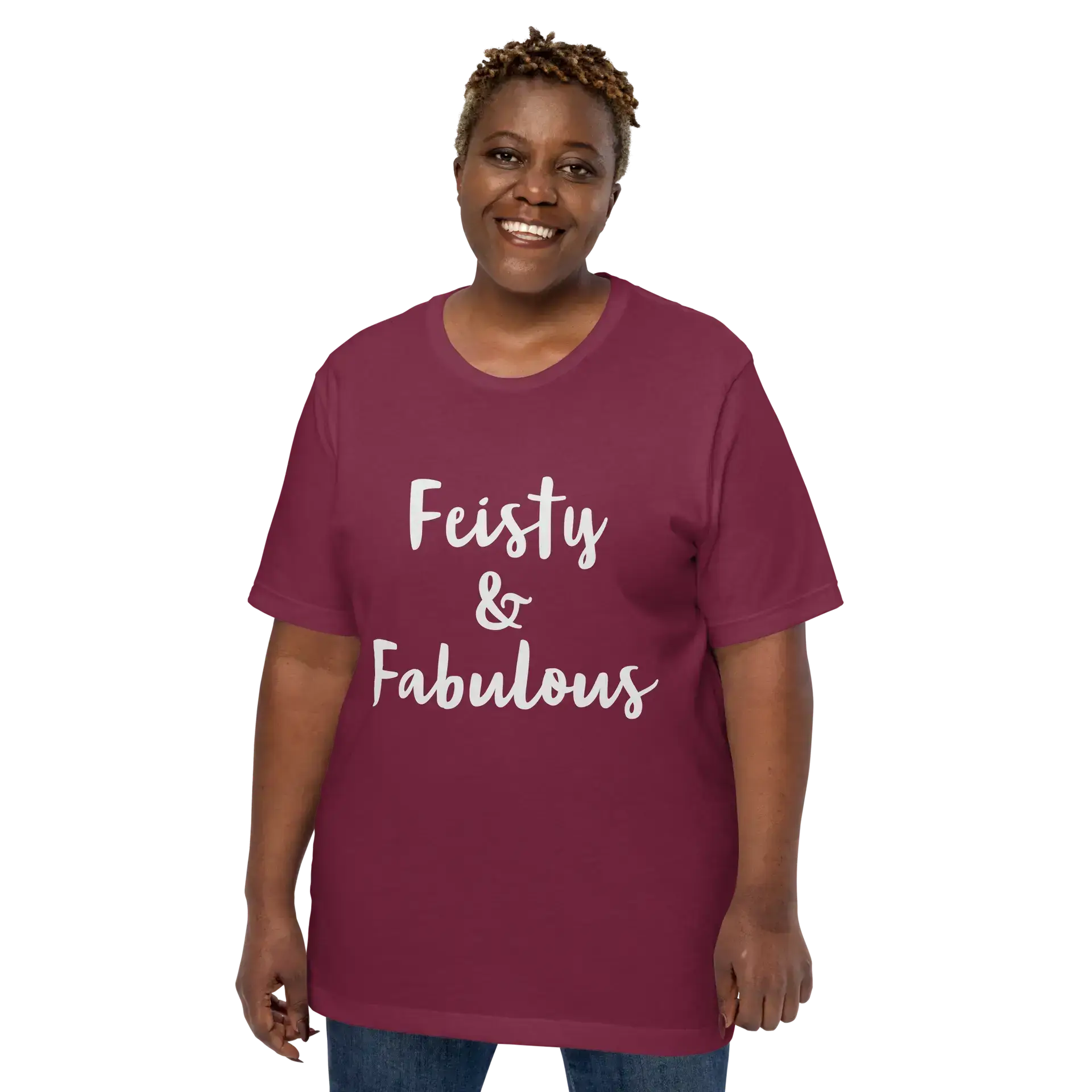 Feisty & Fabulous staple t-shirt maroon-front-68390ab409bdd