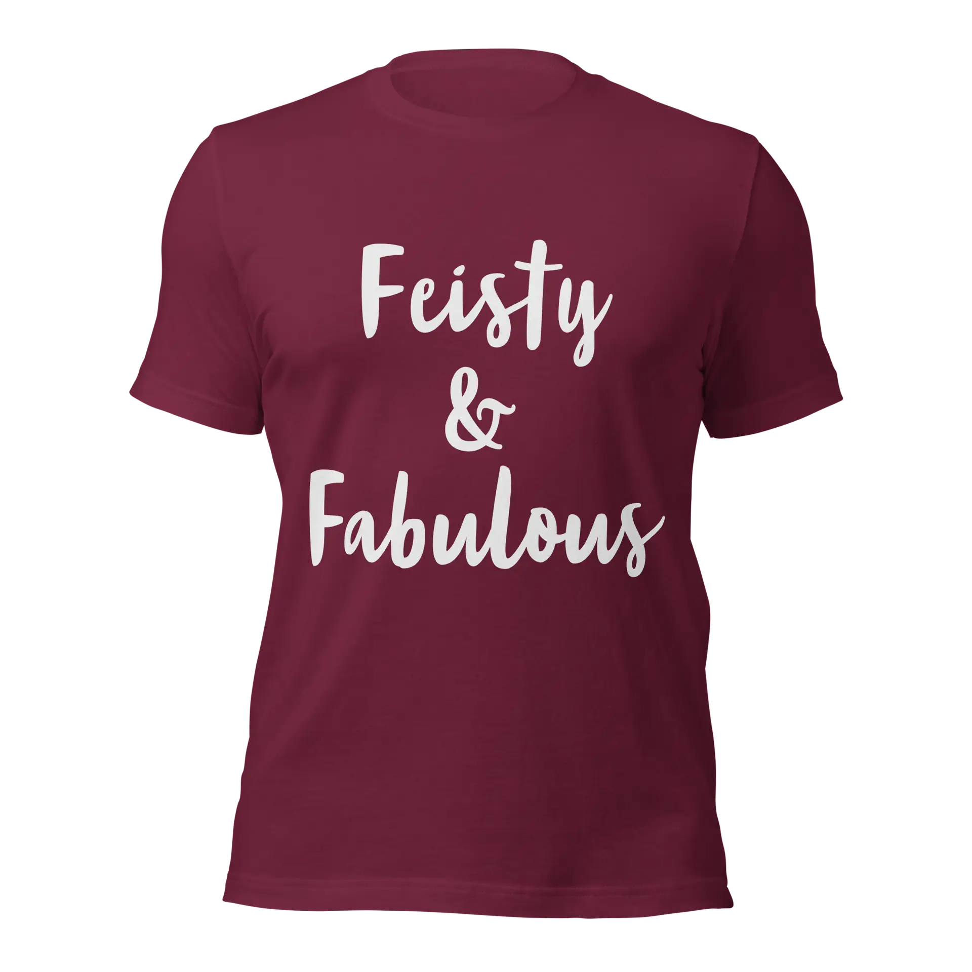Feisty & Fabulous staple t-shirt maroon-front-68390ab413cd6