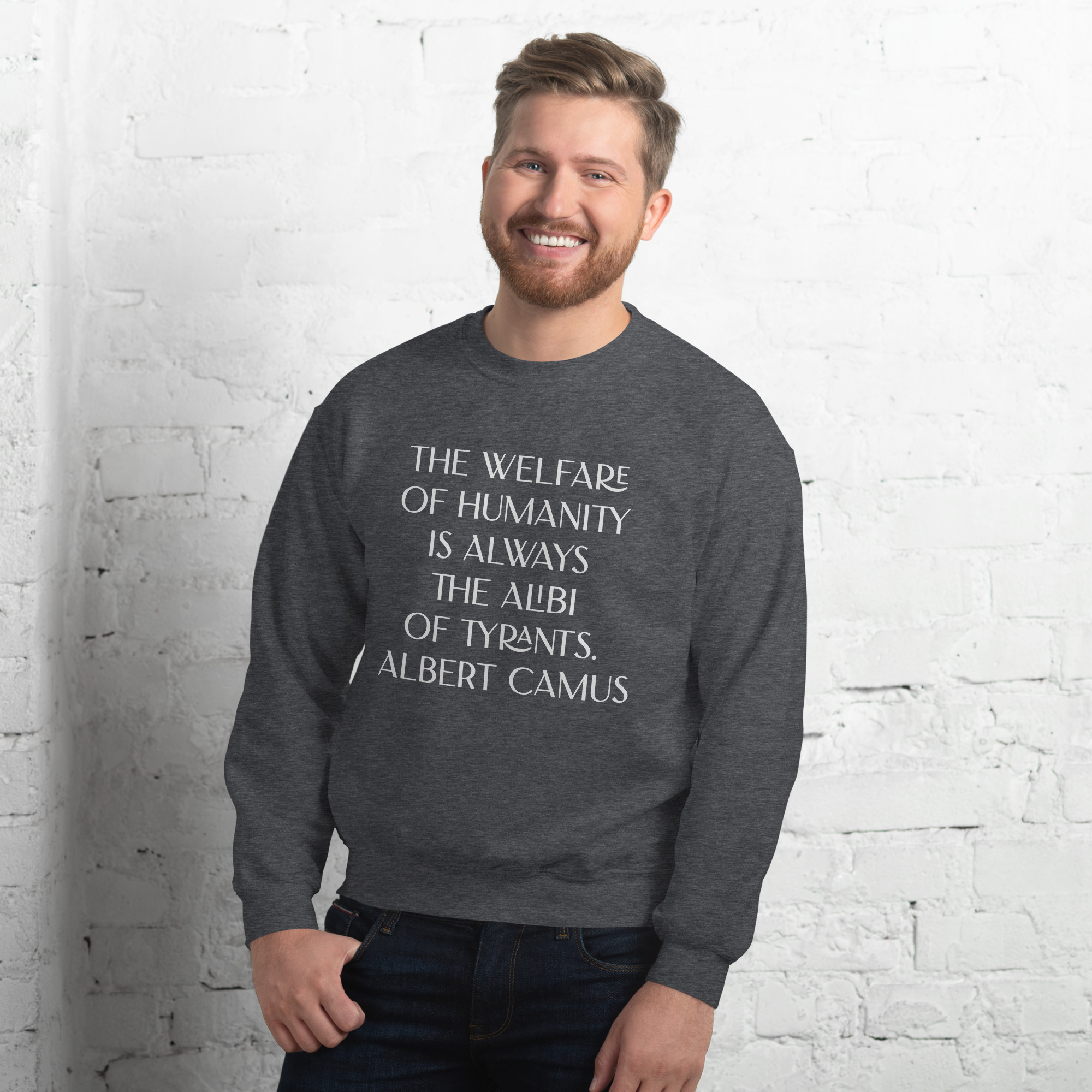 Welfare of Humanity unisex-crew-neck-sweatshirt-dark-heather-front-6977c52a409e9