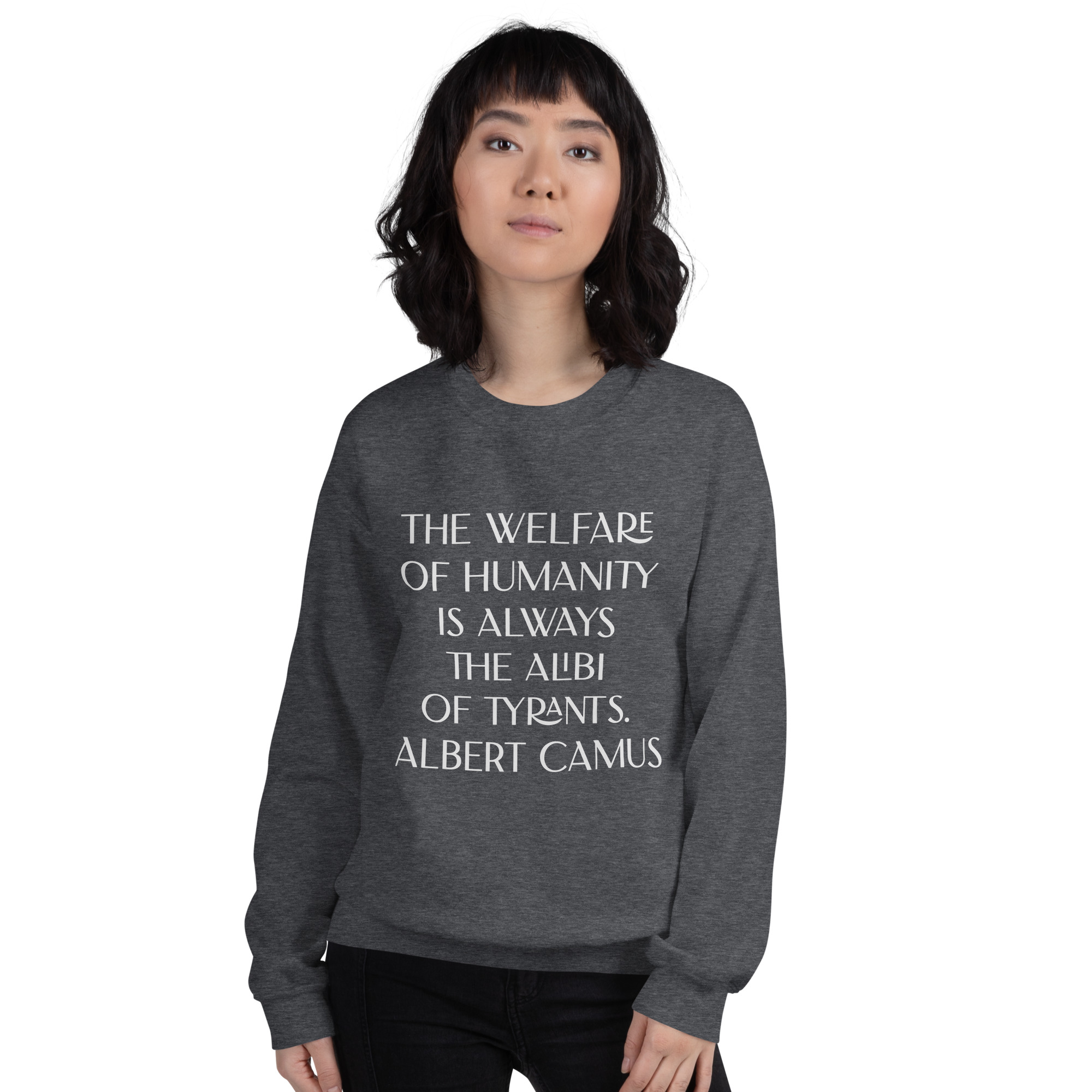 Welfare of Humanity unisex-crew-neck-sweatshirt-dark-heather-front-6977c52a41070