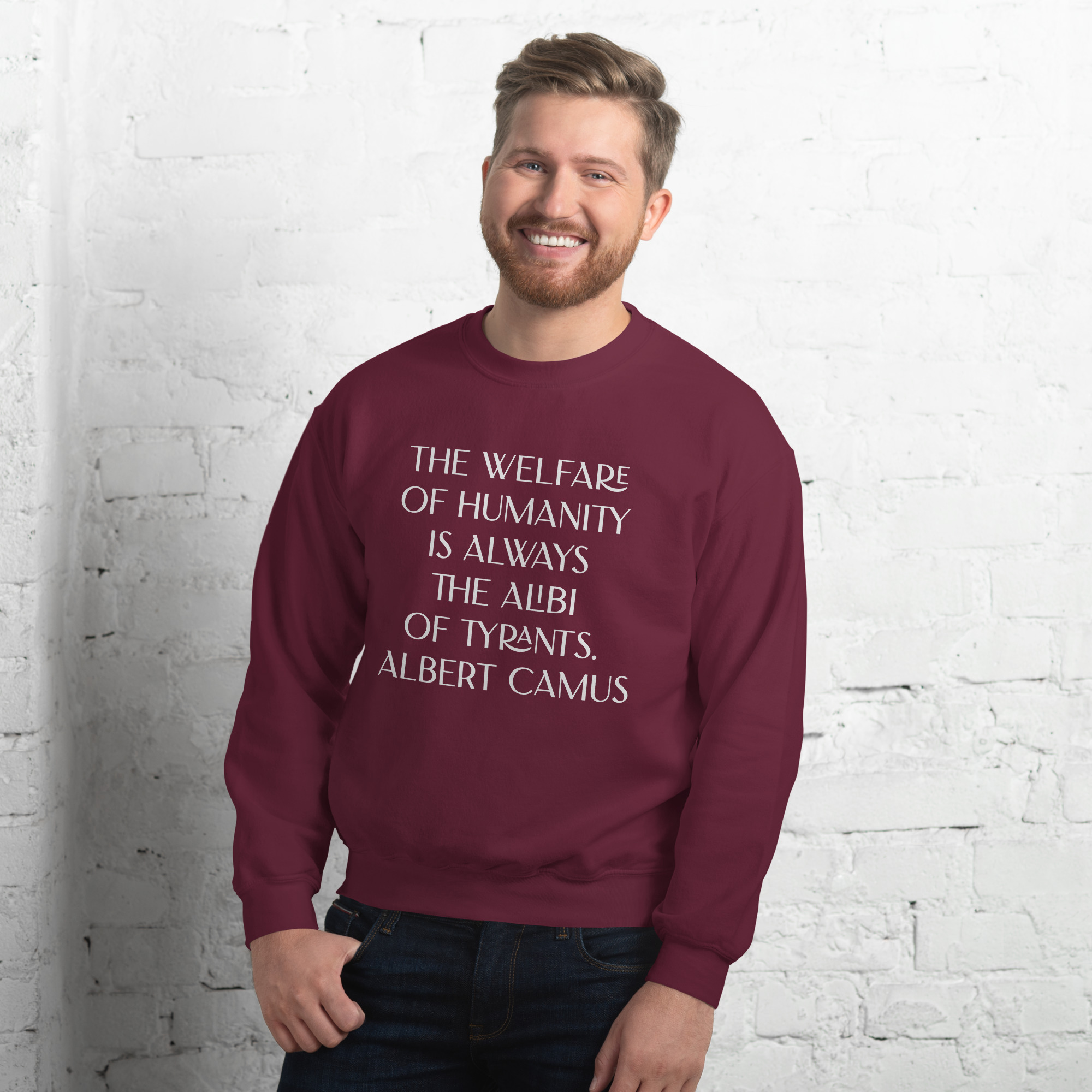 Welfare of Humanity unisex-crew-neck-sweatshirt-maroon-front-6977c52a40af7