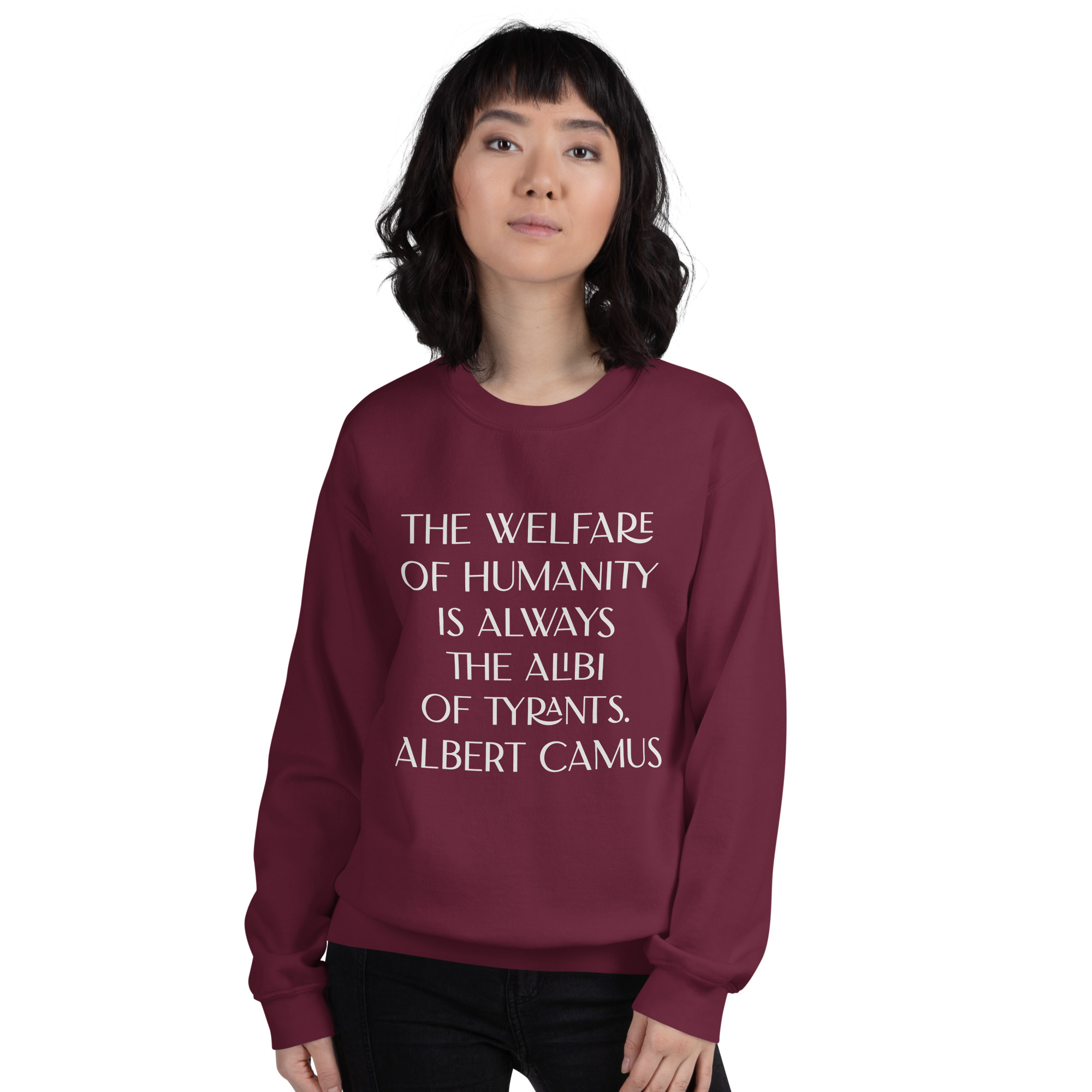 Welfare of Humanity unisex-crew-neck-sweatshirt-maroon-front-6977c52a4117c