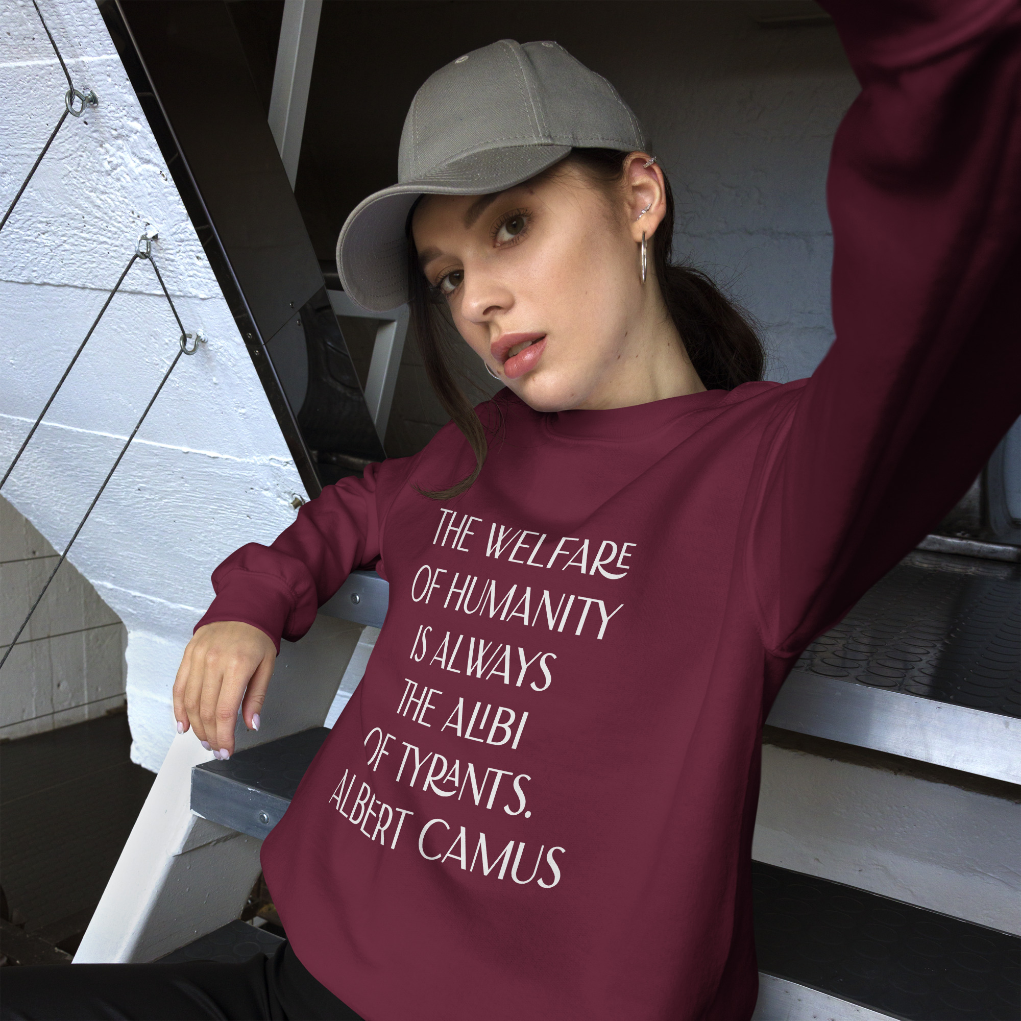 Welfare of Humanity unisex-crew-neck-sweatshirt-maroon-front-6977c52a43e4b