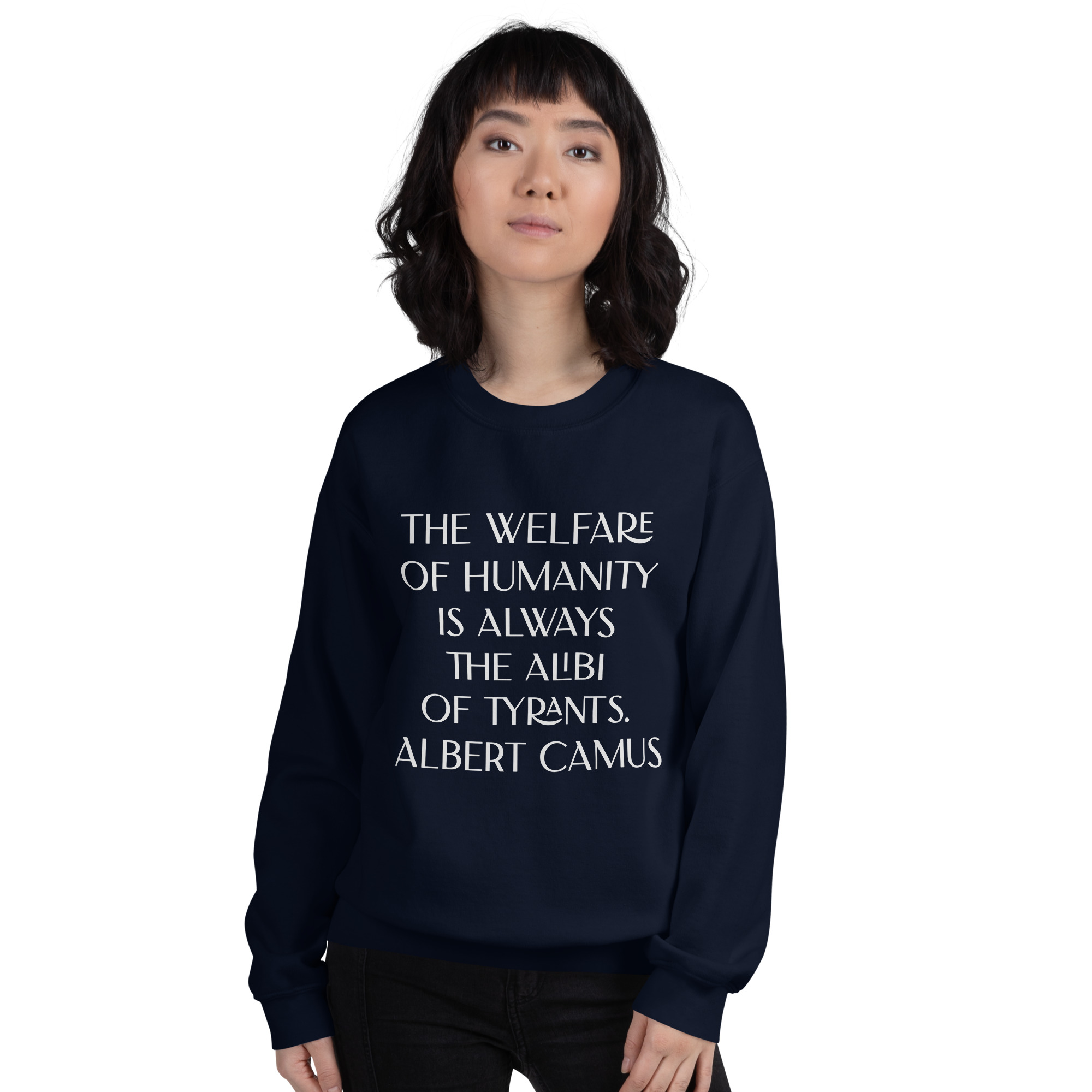 Welfare of Humanity unisex-crew-neck-sweatshirt-navy-front-6977c52a4121e