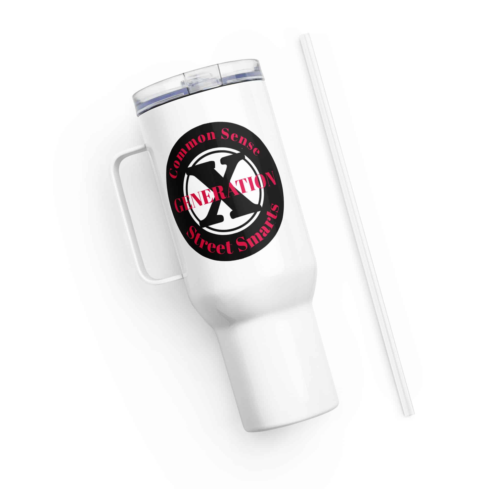 Gen X, Common Sense, Street Smarts (v2) Travel mug with a handle