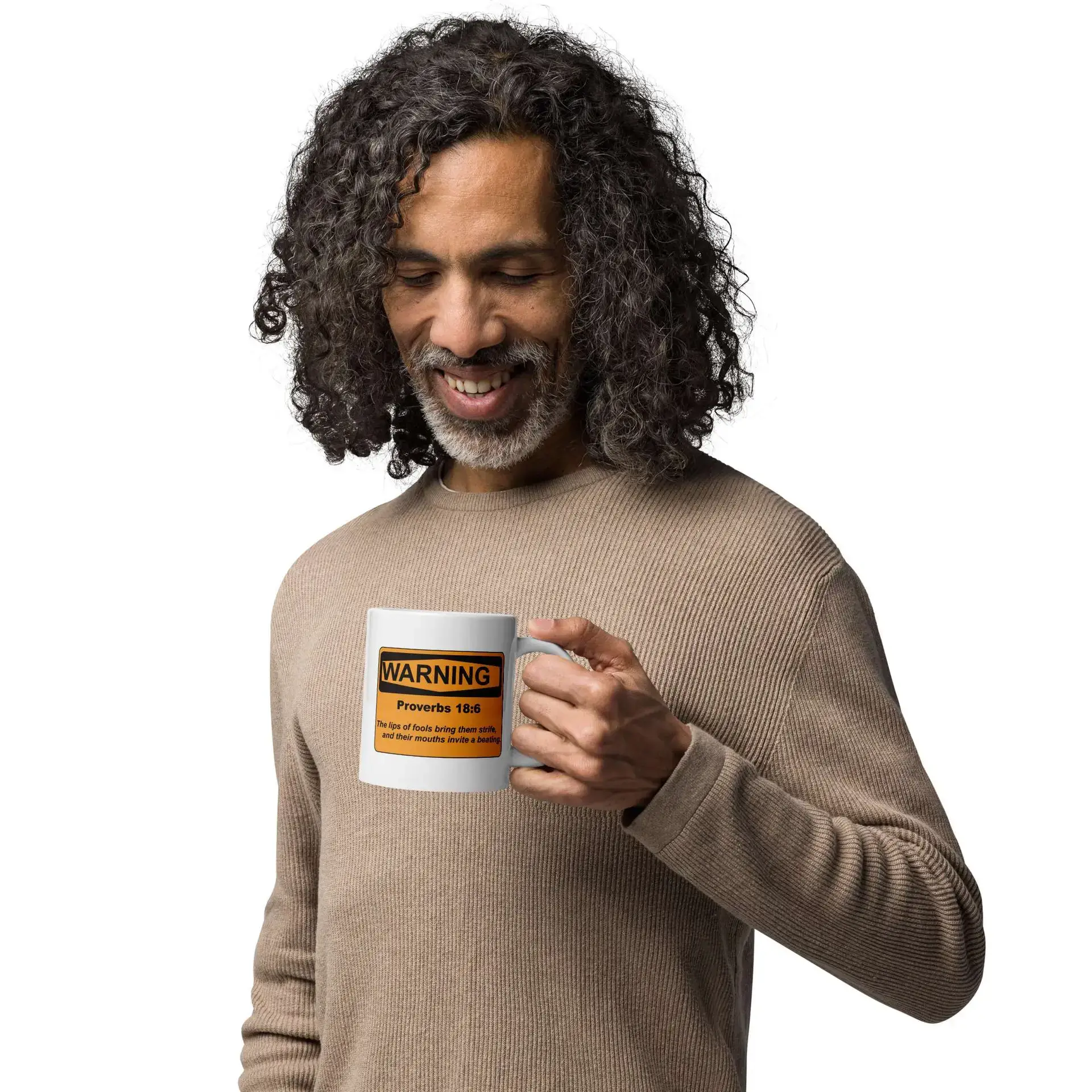 Proverbs 18:6 Warning Sign White glossy mug