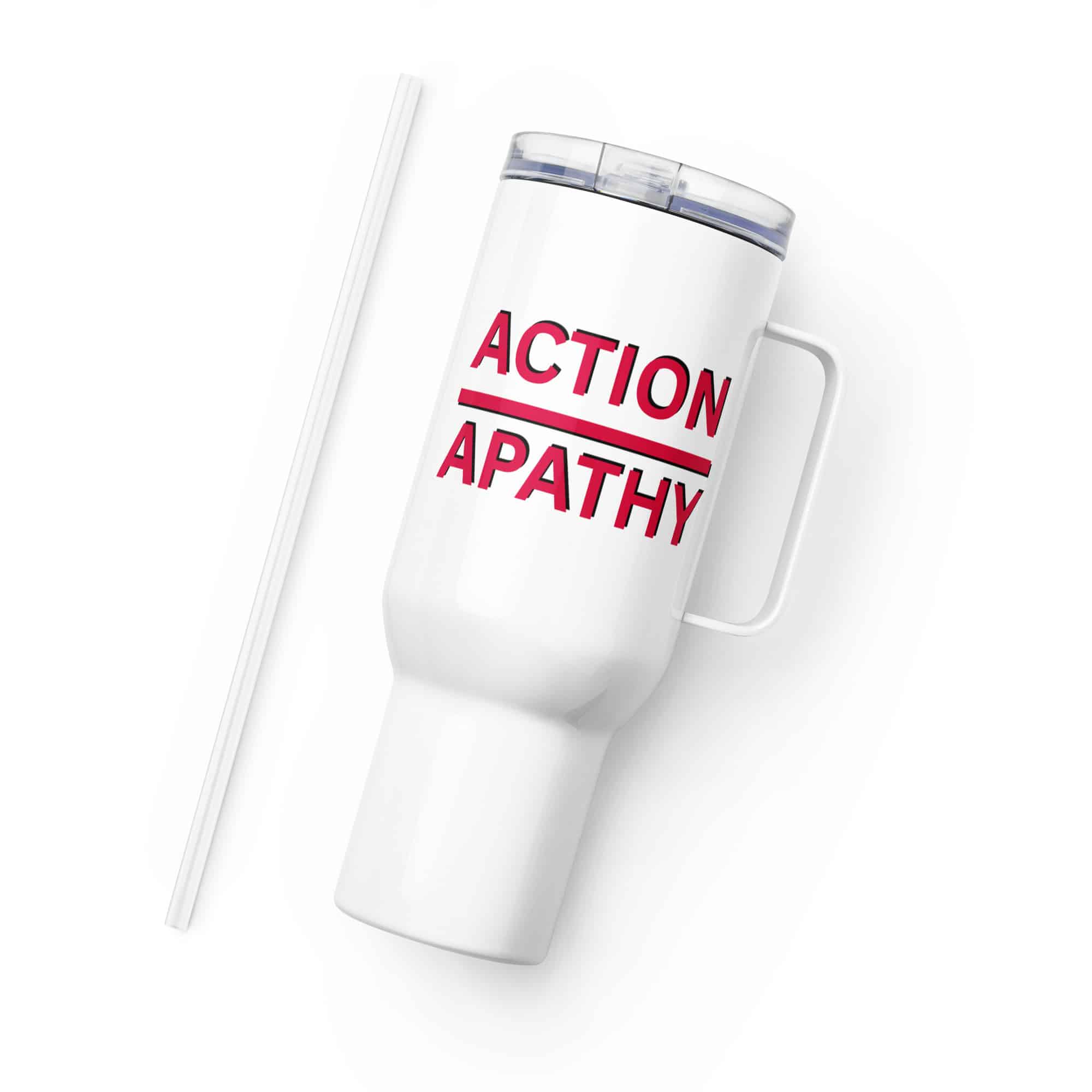 Action Over Apathy Travel mug with a handle