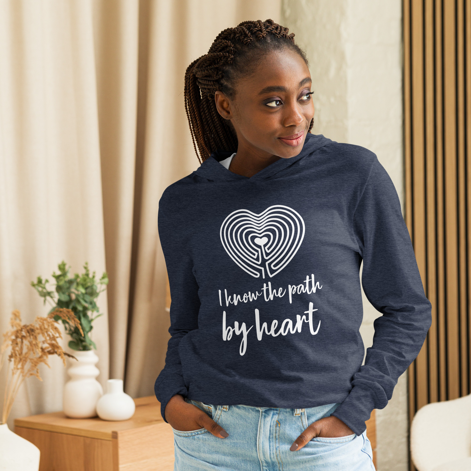 Labyrinth Heart labyrinth I Know the Path by Heart Hooded long-sleeve tee-heather-navy-front-6962906d8e313