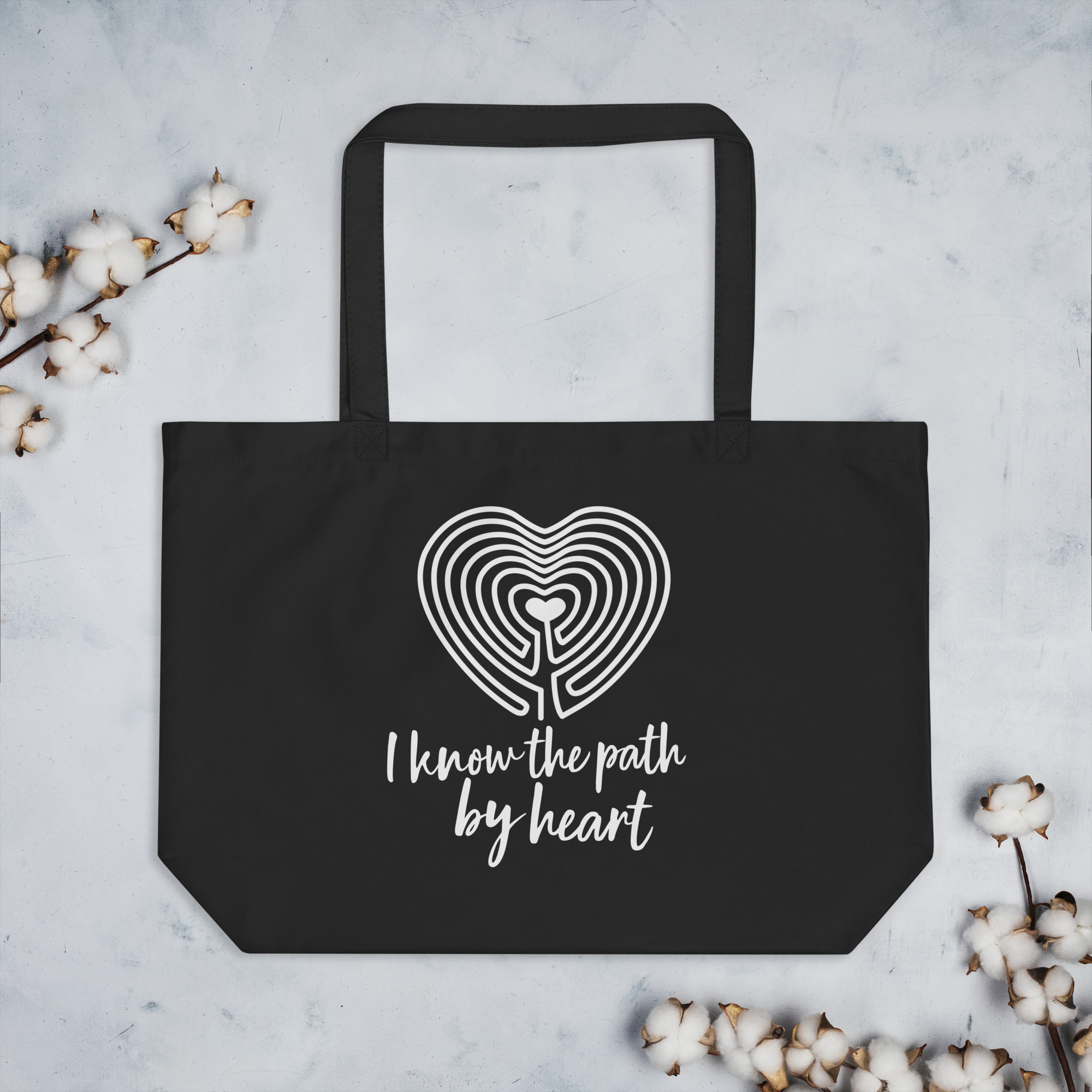 Labyrinth Heart labyrinth I know the Path by Heart Large organic tote bag-black-front-6962910374c1f