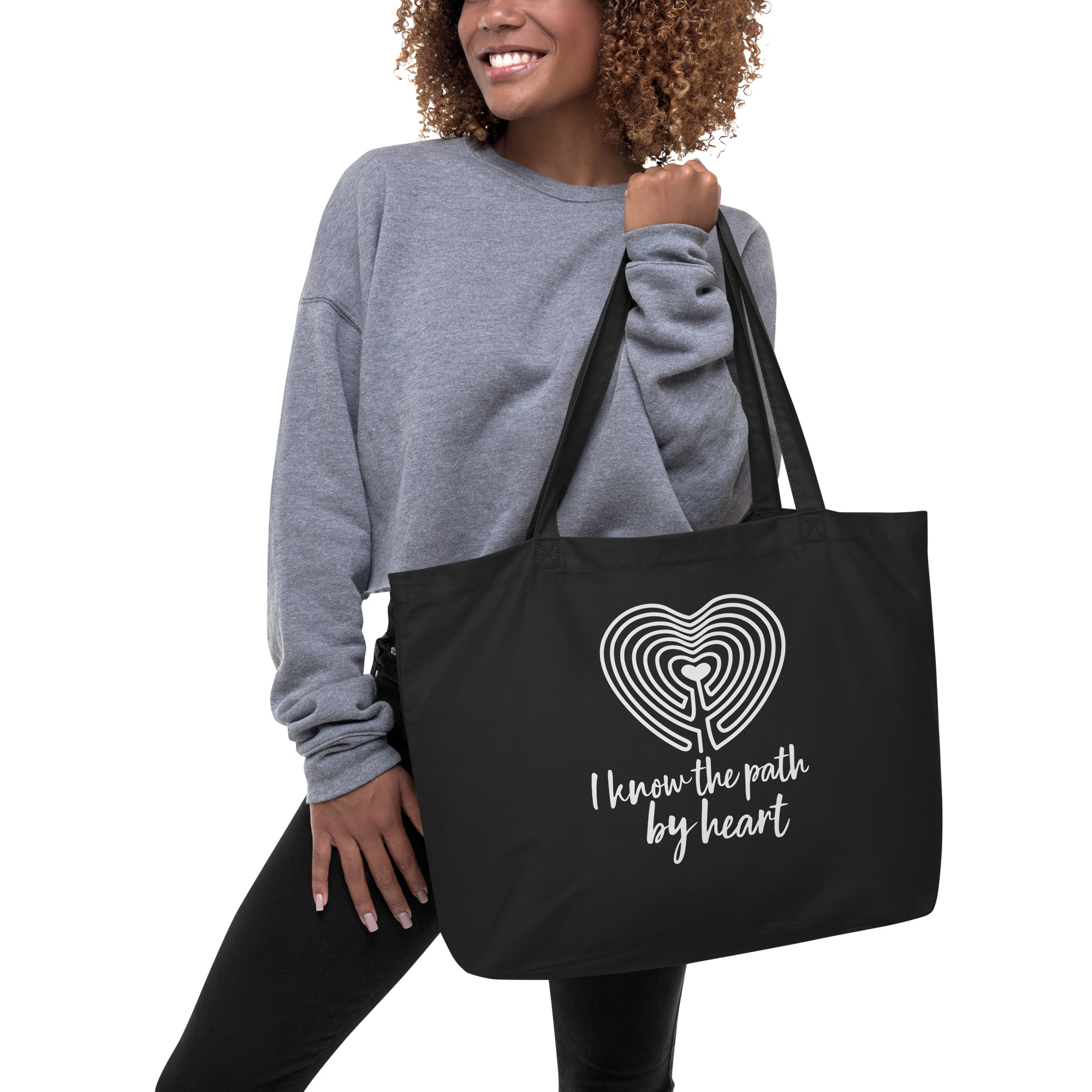 Labyrinth Heart labyrinth I know the Path by Heart Large organic tote bag-black-front-69629103756ae