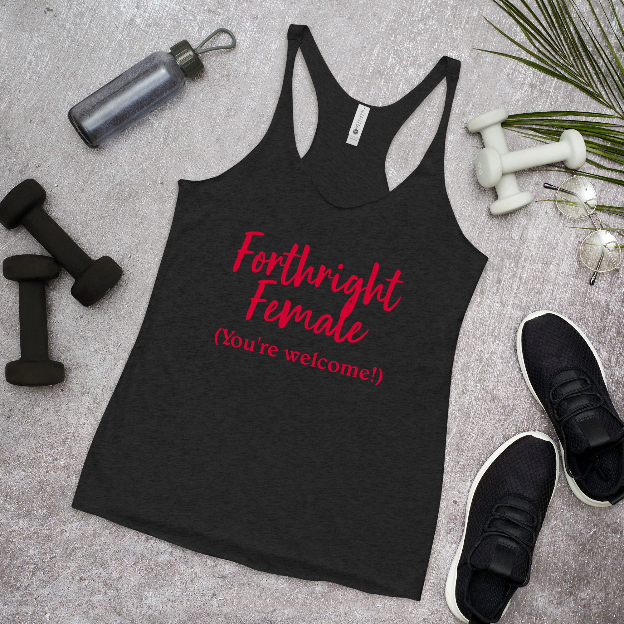 Forthright Female womens-racerback-tank-top-vintage-black-front-688d26ae5ff32