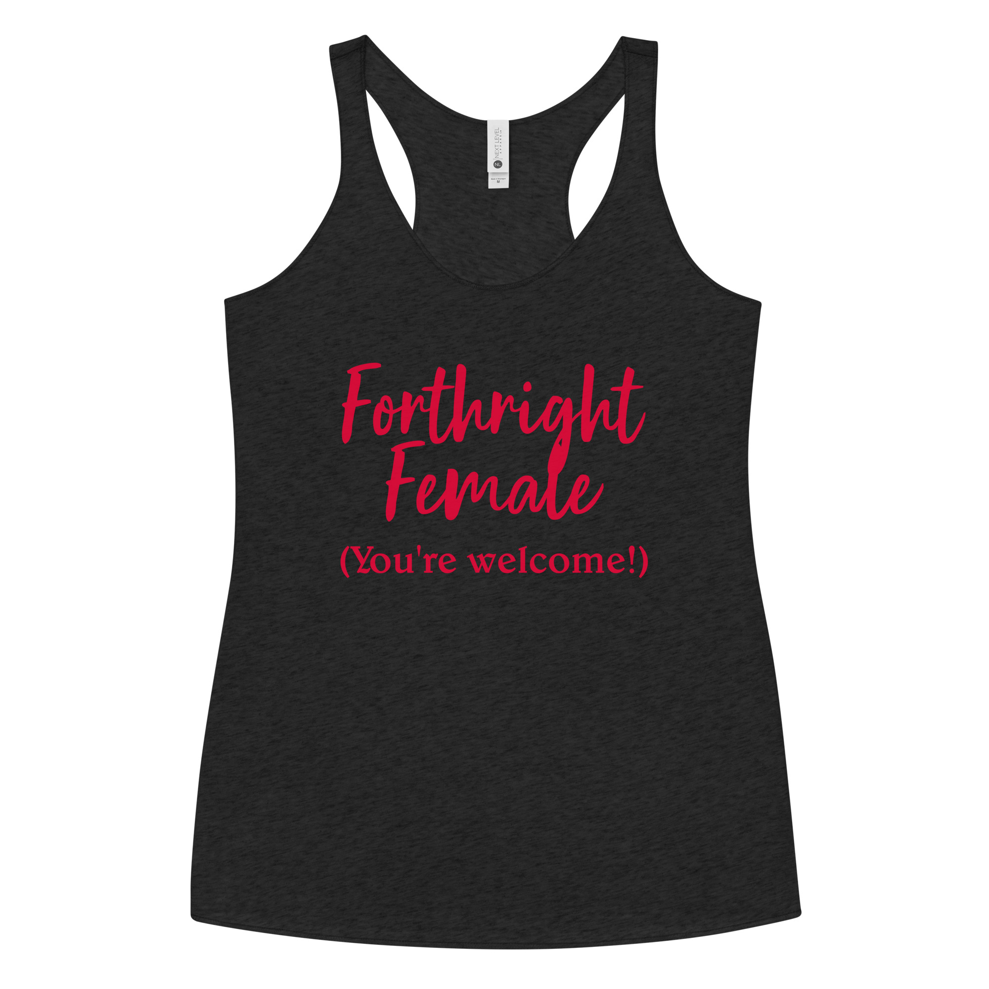 Forthright Female womens-racerback-tank-top-vintage-black-front-688d26ae60658