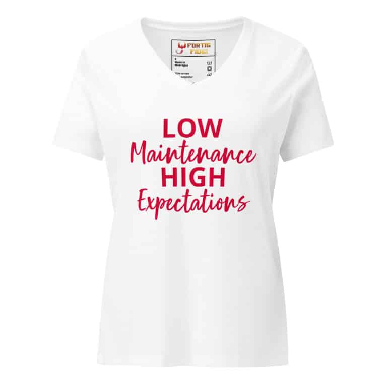 Low Maintenance High Expectations Womens relaxed-v-neck-t-shirt-solid-white-blend-front-69c18c7ec191e