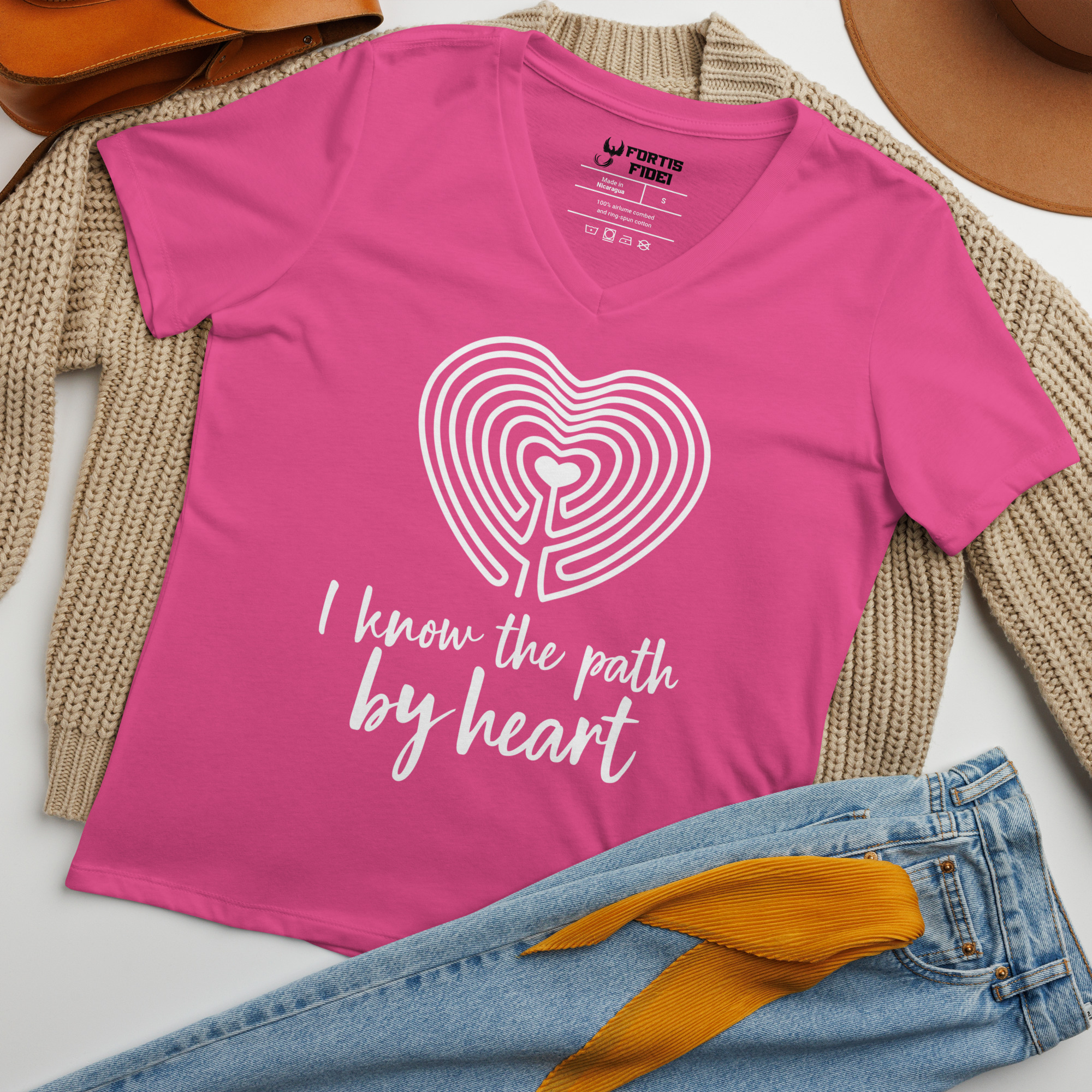 Labyrinth heart labyrinth I know the path by heart womens relaxed-v-neck-t-shirt-berry-front-6962667f57c05
