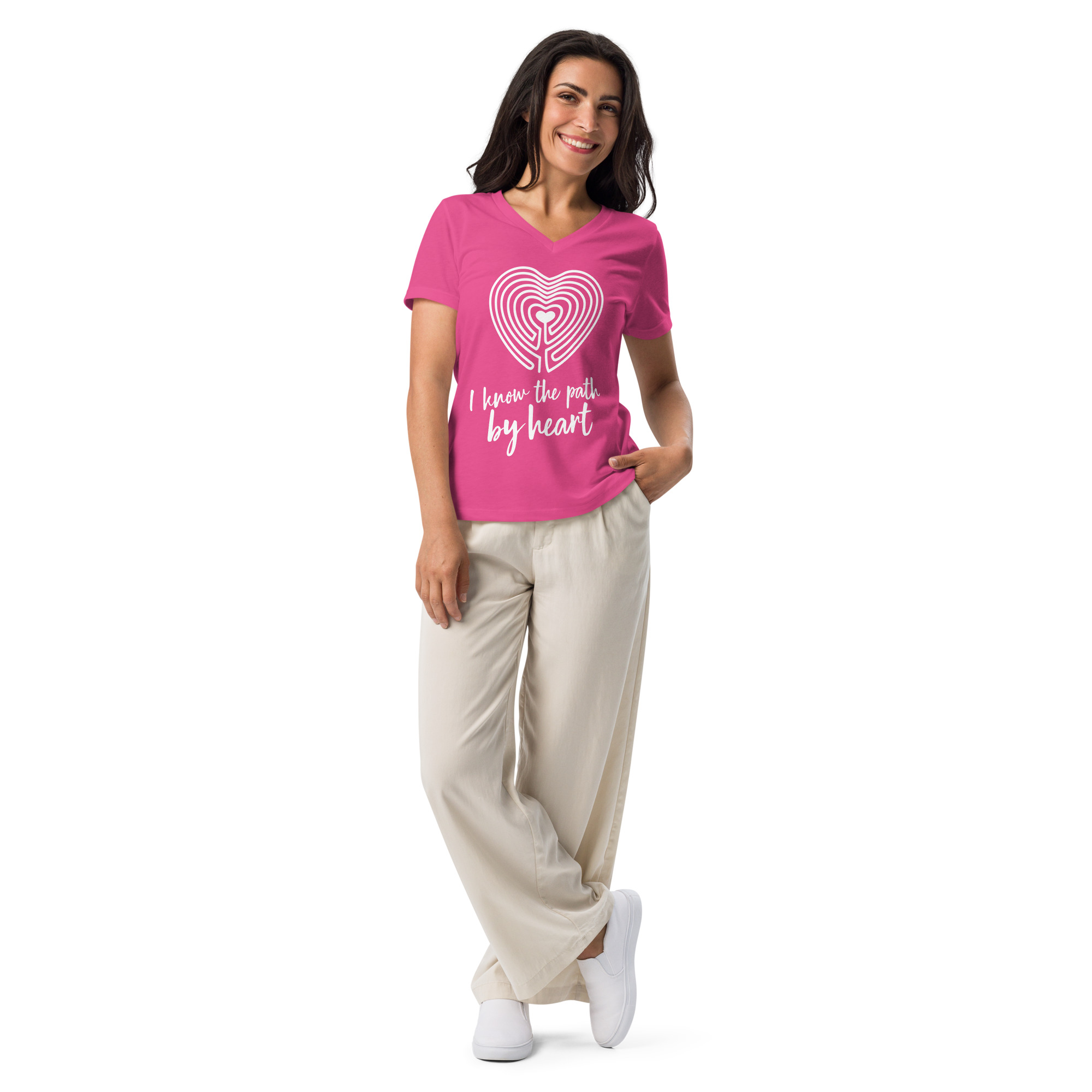 Labyrinth heart labyrinth I know the path by heart womens relaxed-v-neck-t-shirt-berry-front-6962667f5b6ae