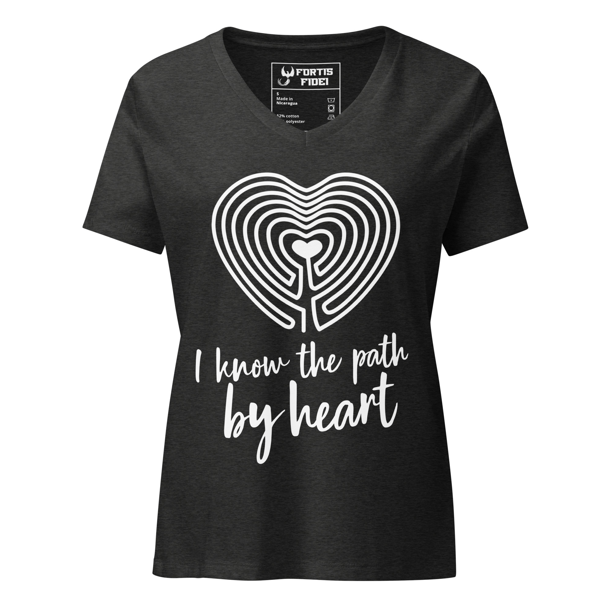 Labyrinth heart labyrinth I know the path by heart womens relaxed-v-neck-t-shirt-dark-grey-heather-front-6962667f0ab9b