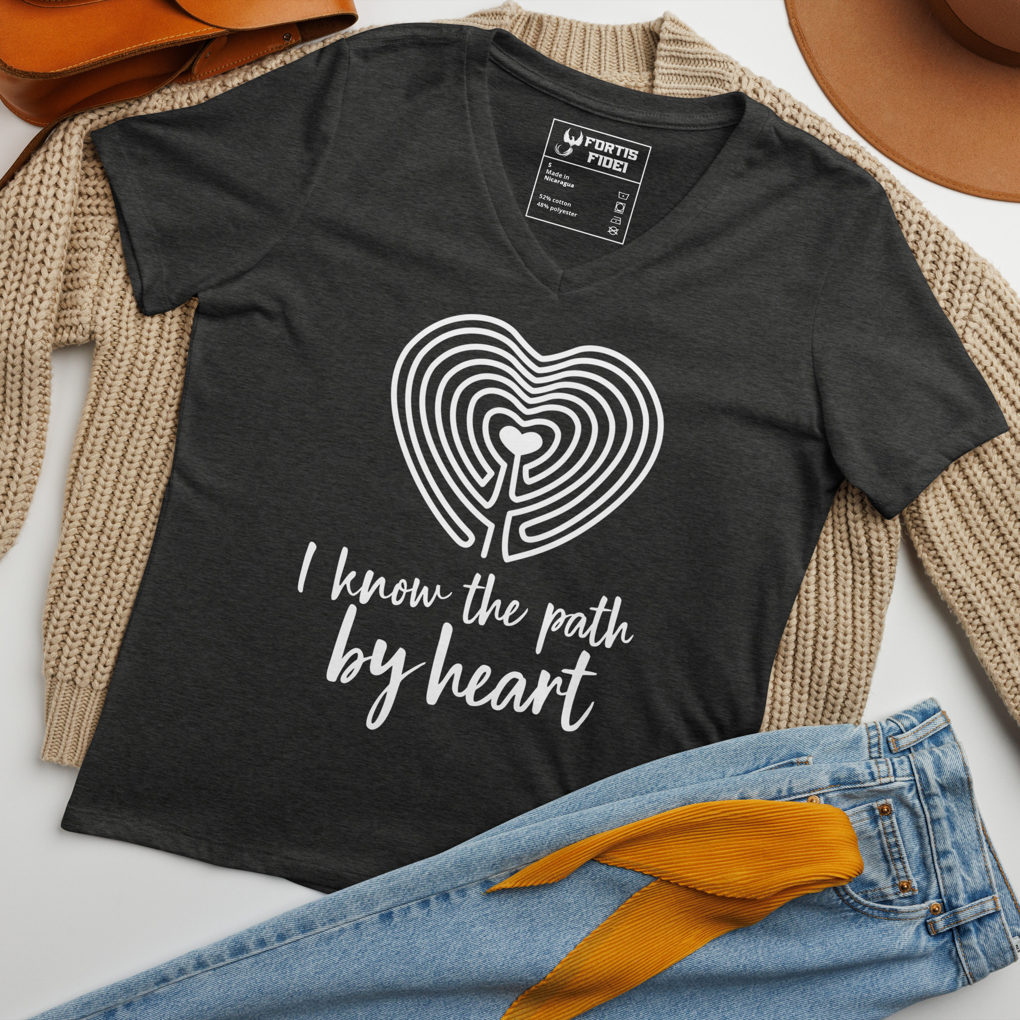 Labyrinth heart labyrinth I know the path by heart womens relaxed-v-neck-t-shirt-dark-grey-heather-front-6962667f3470b