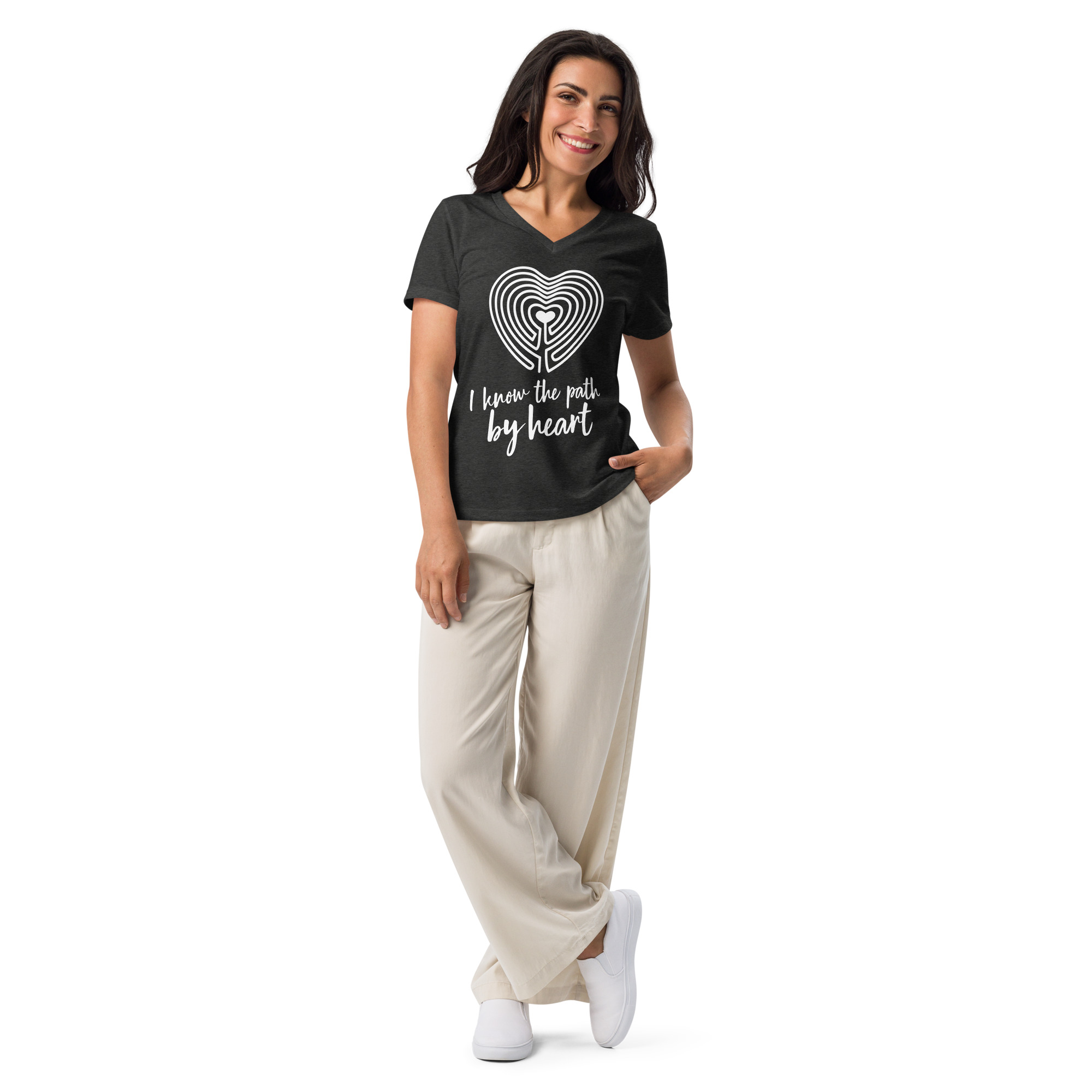 Labyrinth heart labyrinth I know the path by heart womens relaxed-v-neck-t-shirt-dark-grey-heather-front-6962667f5b0e7