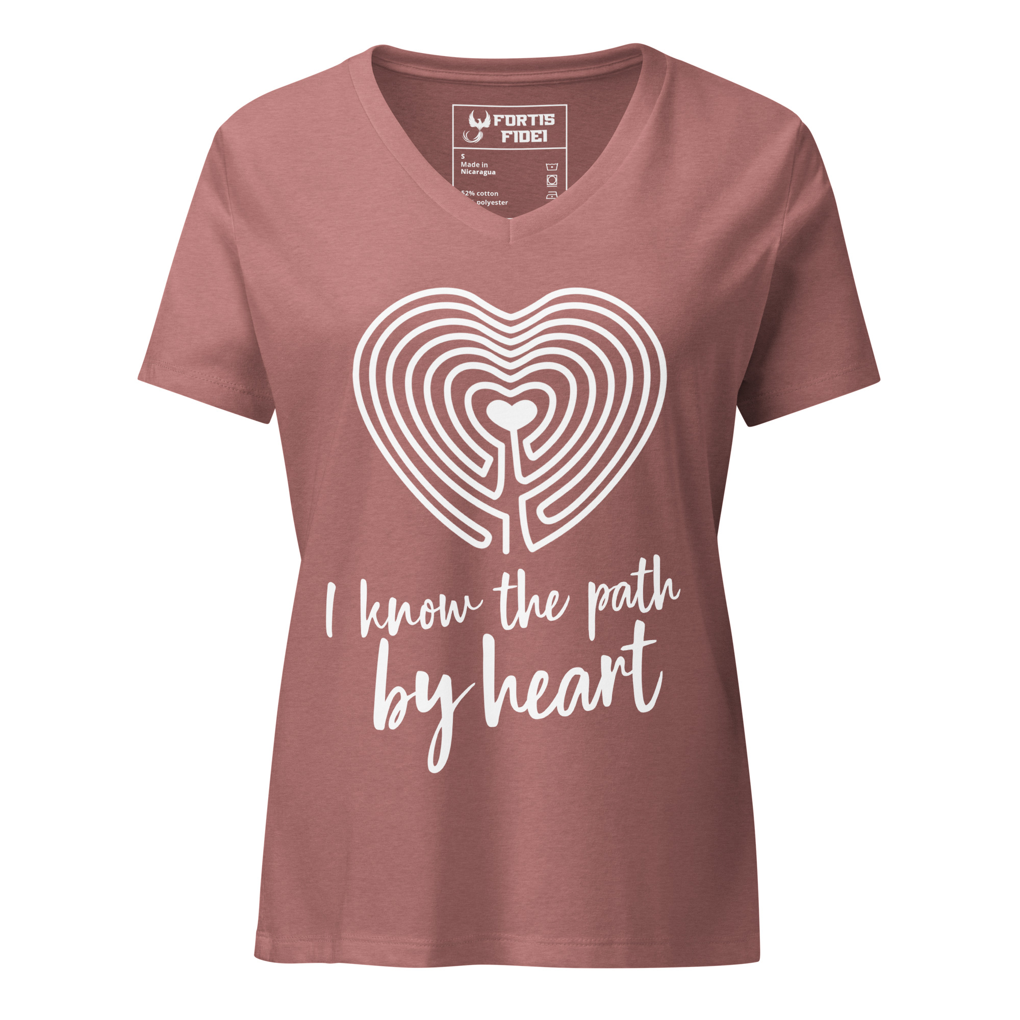 Labyrinth heart labyrinth I know the path by heart womens relaxed-v-neck-t-shirt-heather-mauve-front-6962667f11cdf