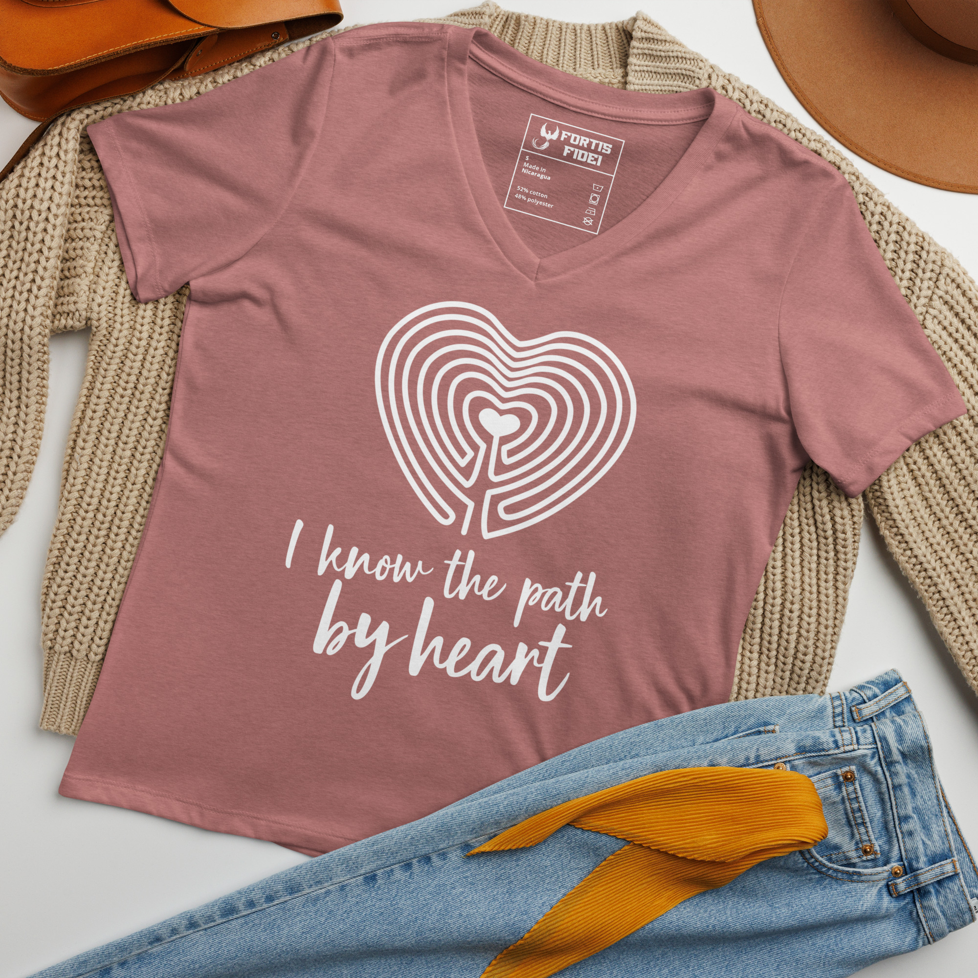 Labyrinth heart labyrinth I know the path by heart womens relaxed-v-neck-t-shirt-heather-mauve-front-6962667f3ab08