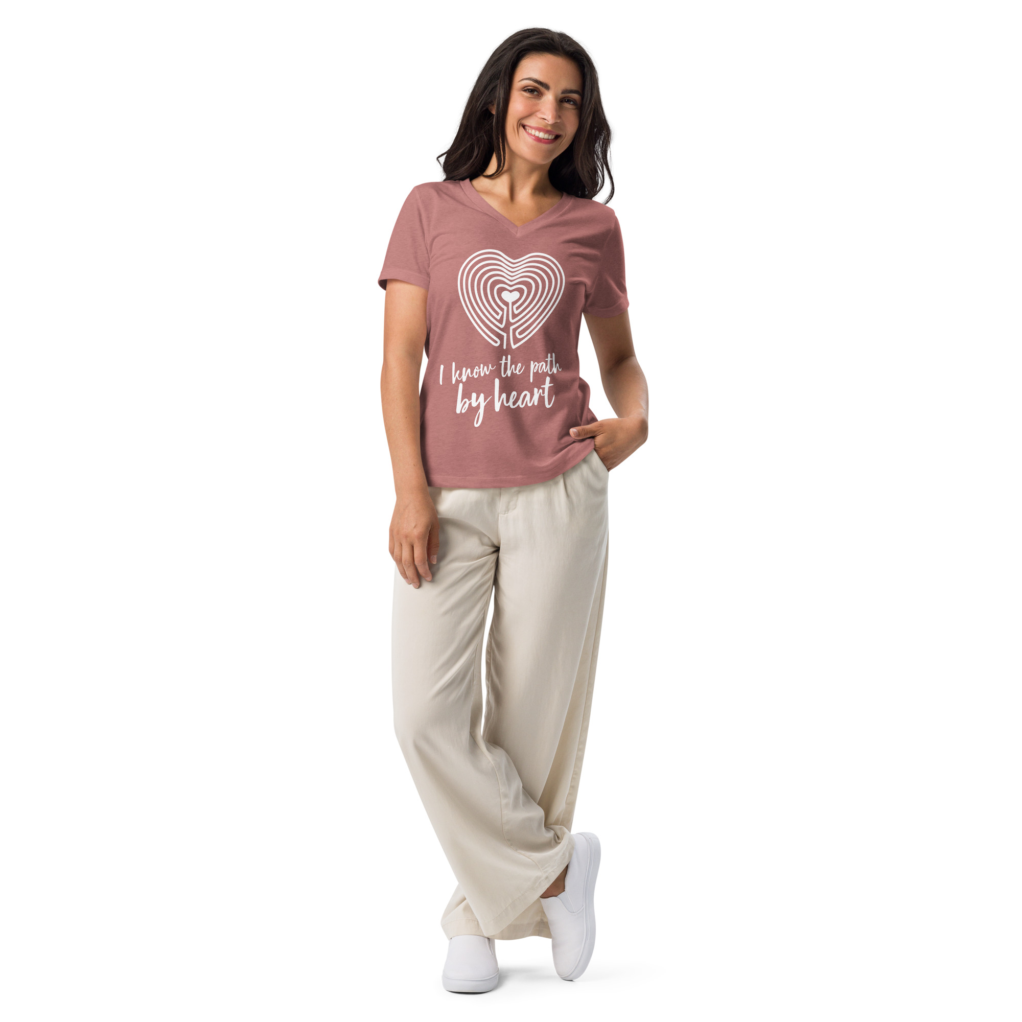 Labyrinth heart labyrinth I know the path by heart womens relaxed-v-neck-t-shirt-heather-mauve-front-6962667f5b20e