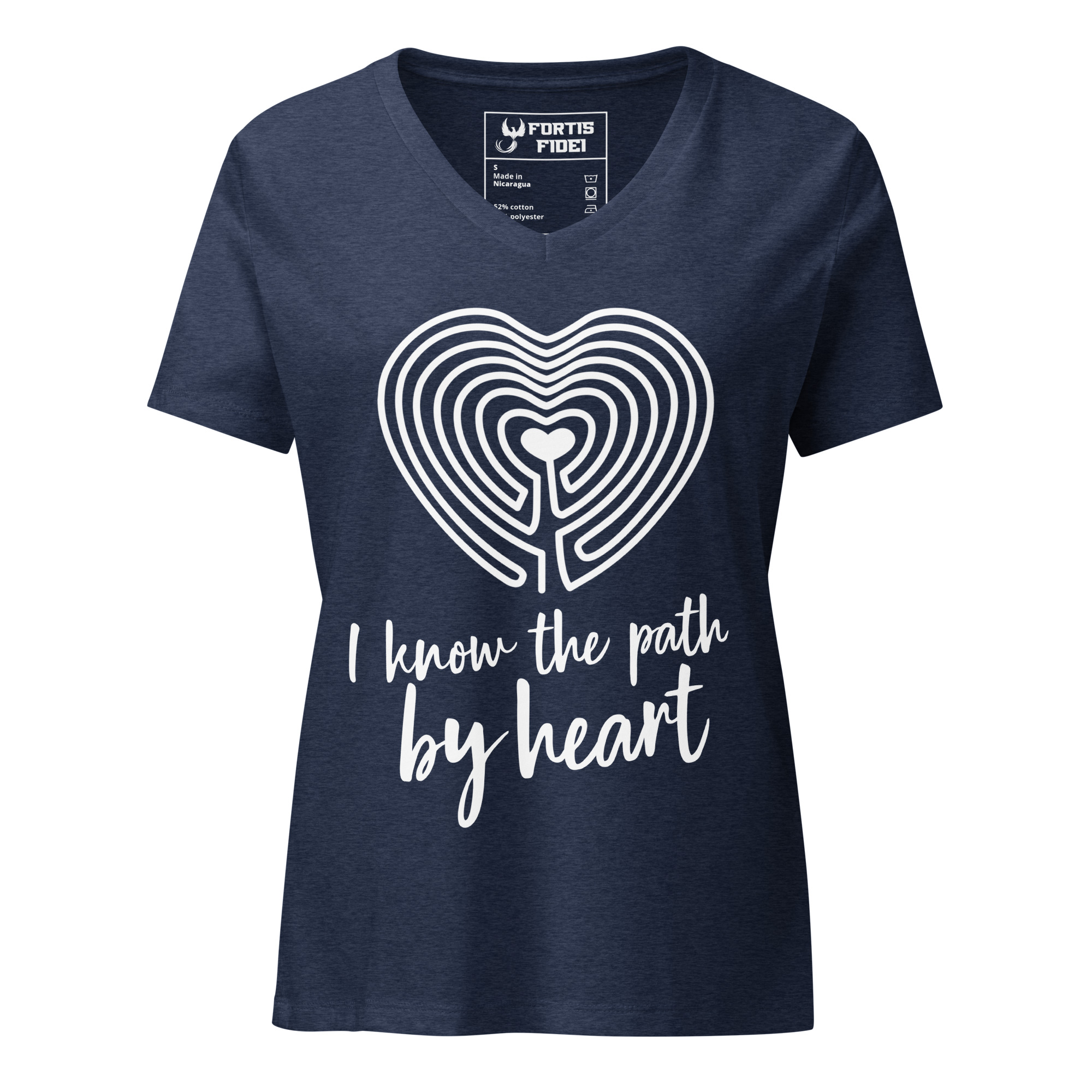 Labyrinth heart labyrinth I know the path by heart womens relaxed-v-neck-t-shirt-heather-navy-front-6962667f187c4