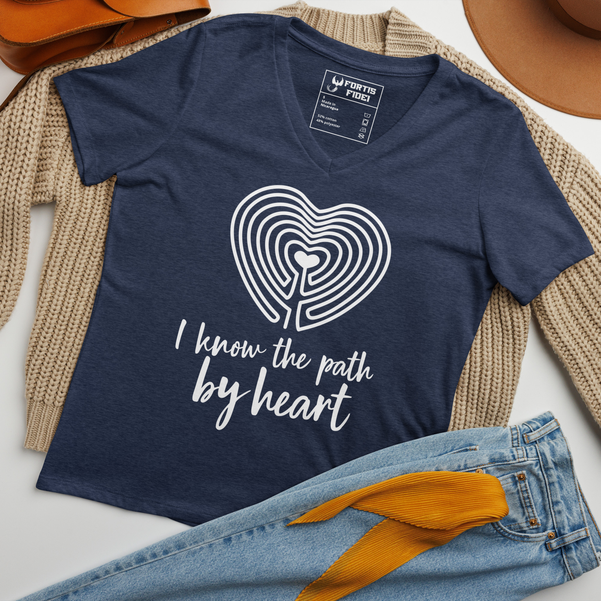 Labyrinth heart labyrinth I know the path by heart womens relaxed-v-neck-t-shirt-heather-navy-front-6962667f41079