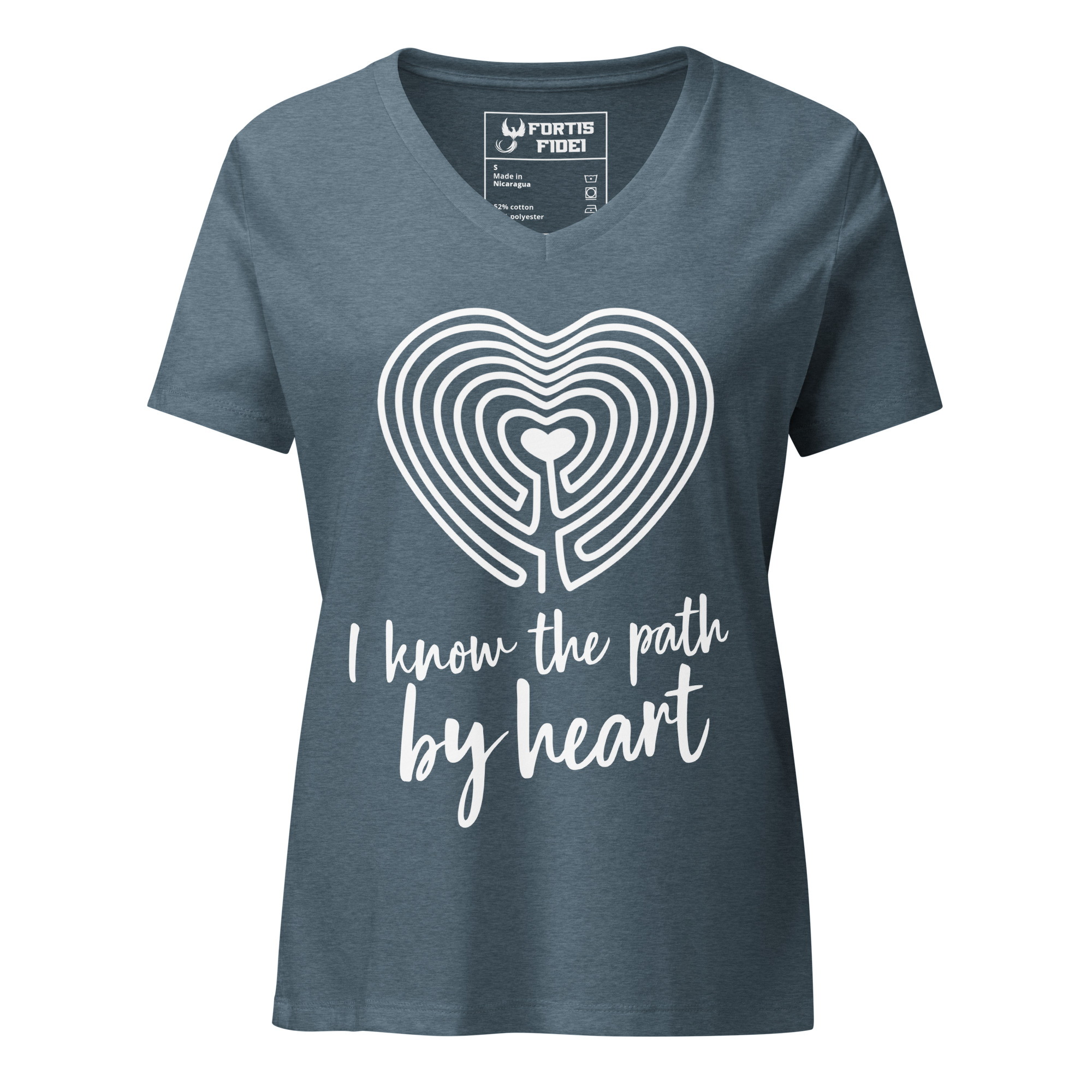 Labyrinth heart labyrinth I know the path by heart womens relaxed-v-neck-t-shirt-heather-slate-front-6962667f1ecad