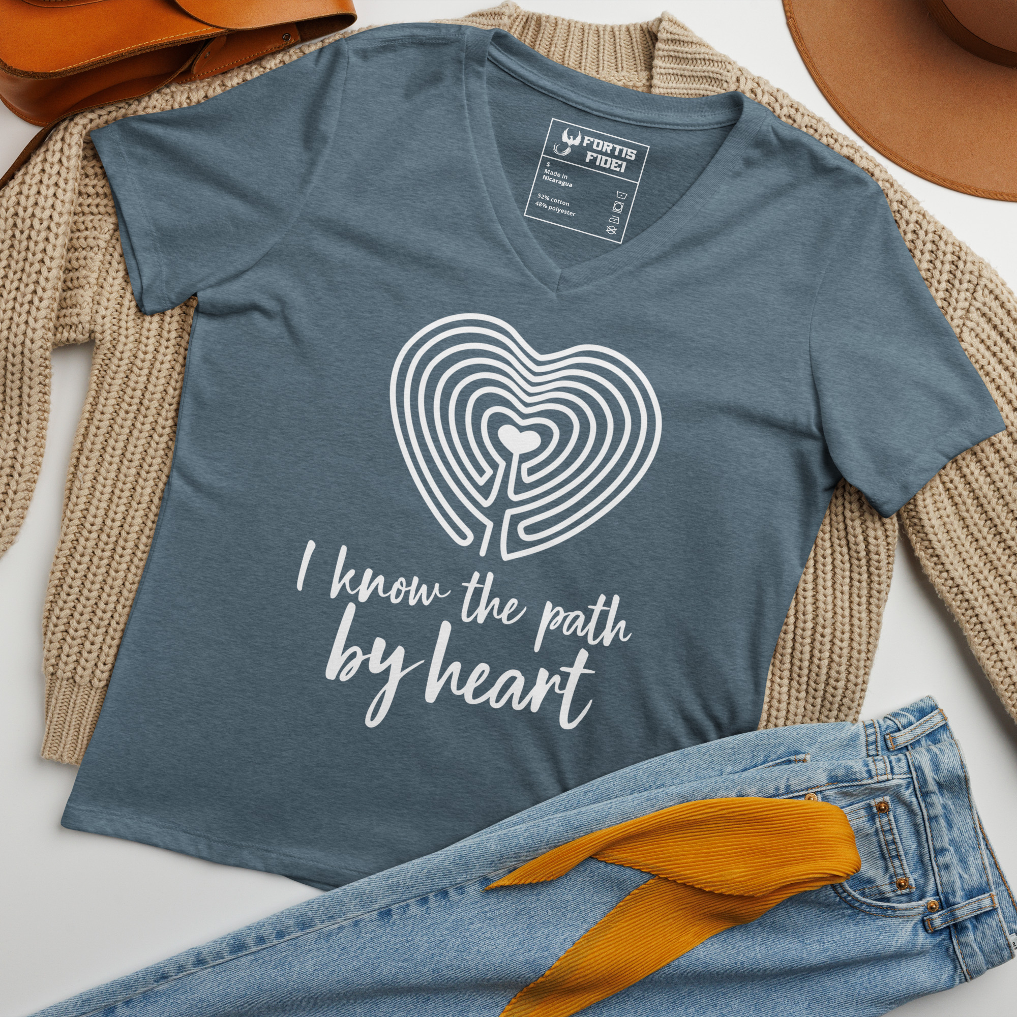 Labyrinth heart labyrinth I know the path by heart womens relaxed-v-neck-t-shirt-heather-slate-front-6962667f46d43