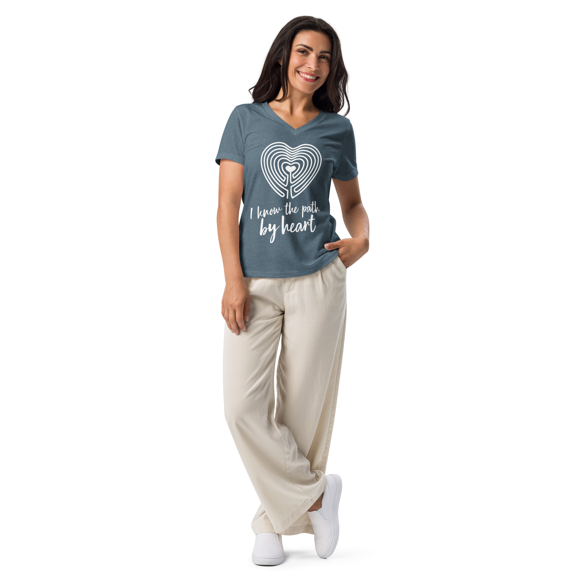 Labyrinth heart labyrinth I know the path by heart womens relaxed-v-neck-t-shirt-heather-slate-front-6962667f5b3d6