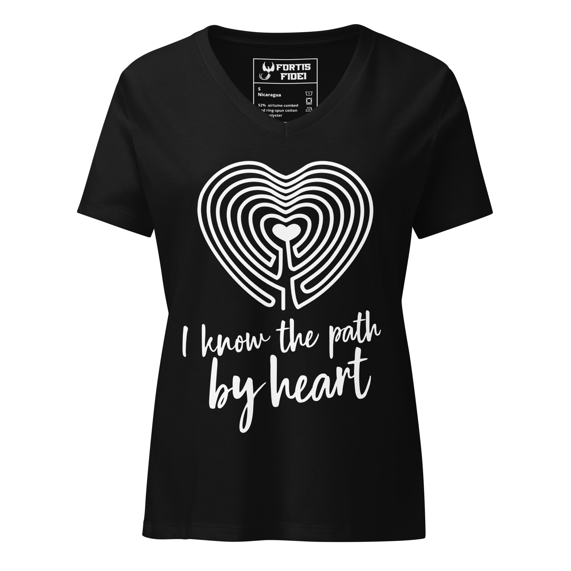 Labyrinth heart labyrinth I know the path by heart womens relaxed-v-neck-t-shirt-solid-black-blend-front-6962667f25718