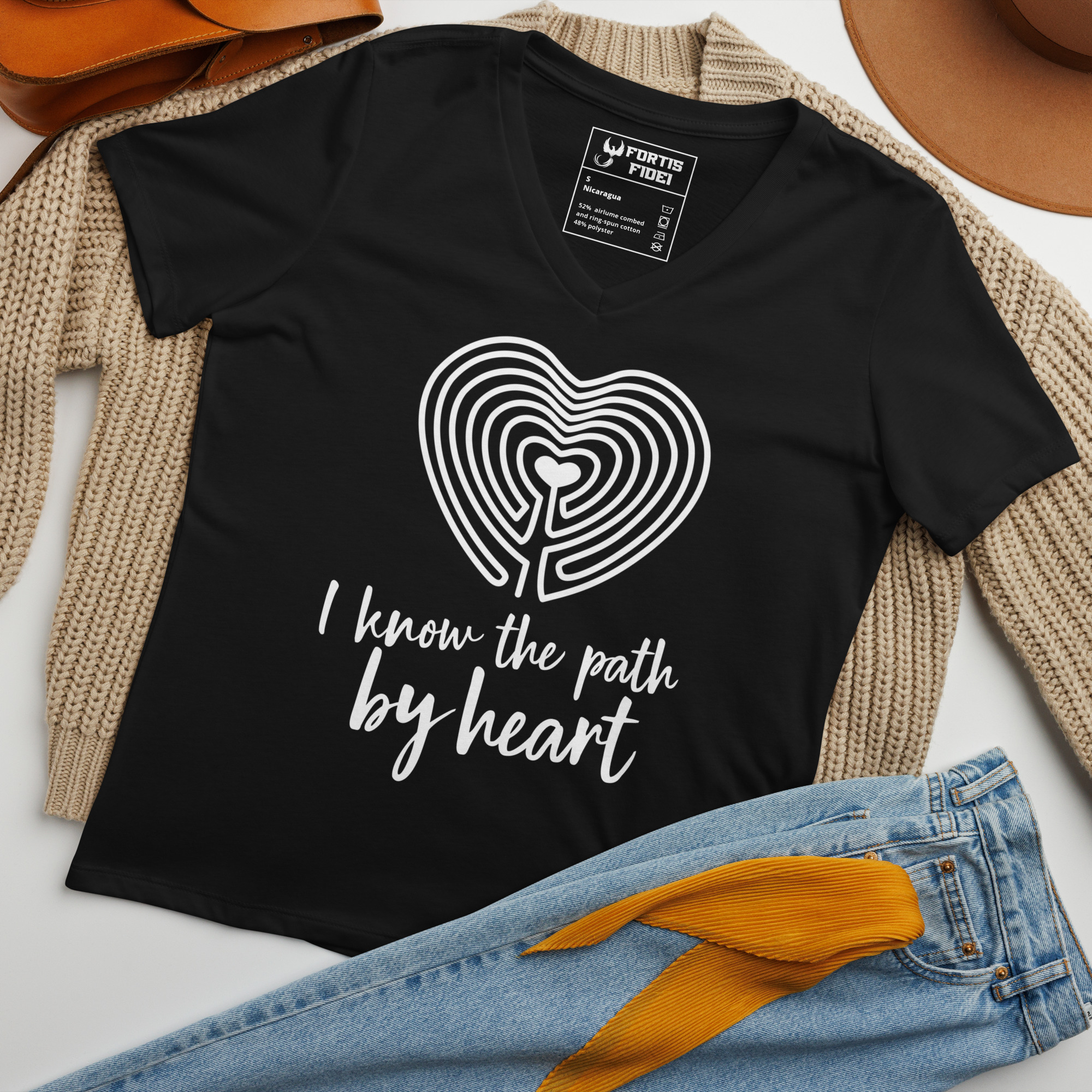 Labyrinth heart labyrinth I know the path by heart womens relaxed-v-neck-t-shirt-solid-black-blend-front-6962667f4d51d