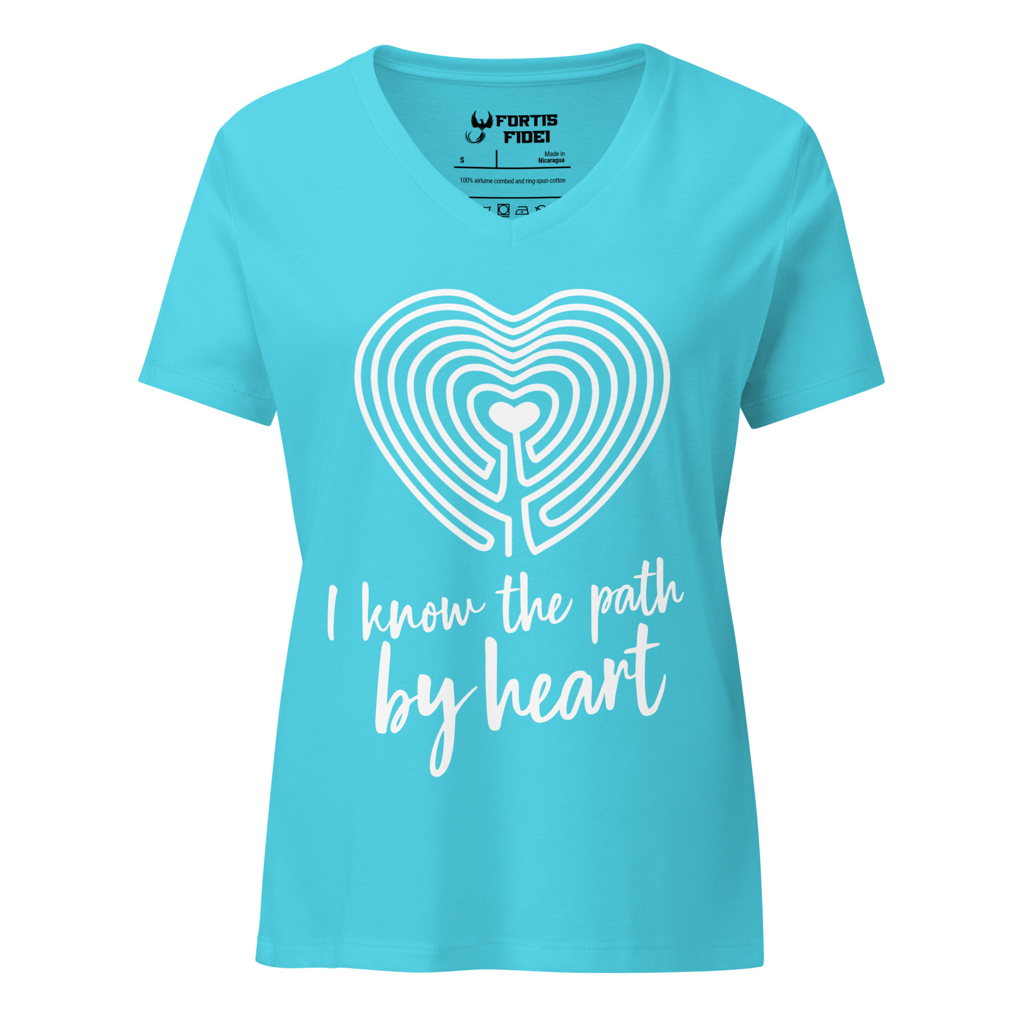 Labyrinth heart labyrinth I know the path by heart womens relaxed-v-neck-t-shirt-turquoise-front-6962667f2d302