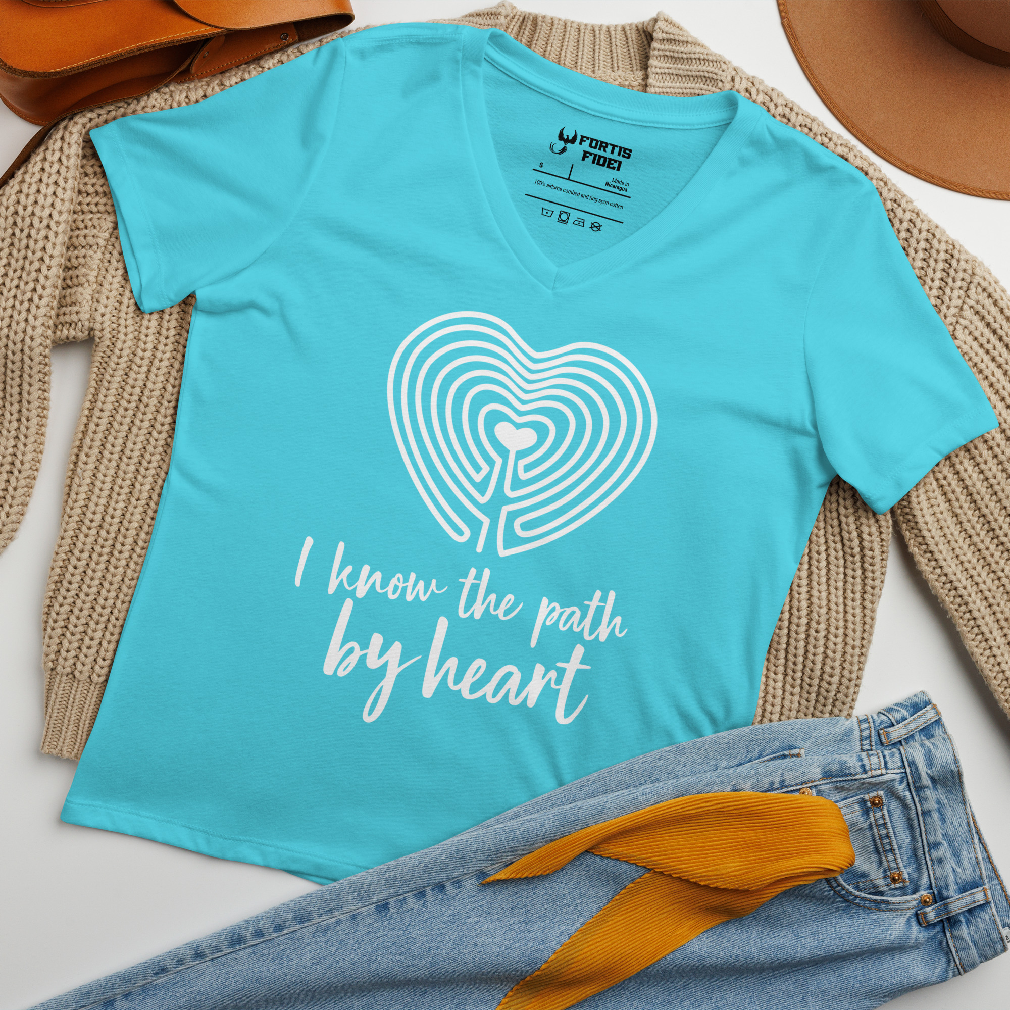 Labyrinth heart labyrinth I know the path by heart womens relaxed-v-neck-t-shirt-turquoise-front-6962667f54ce5