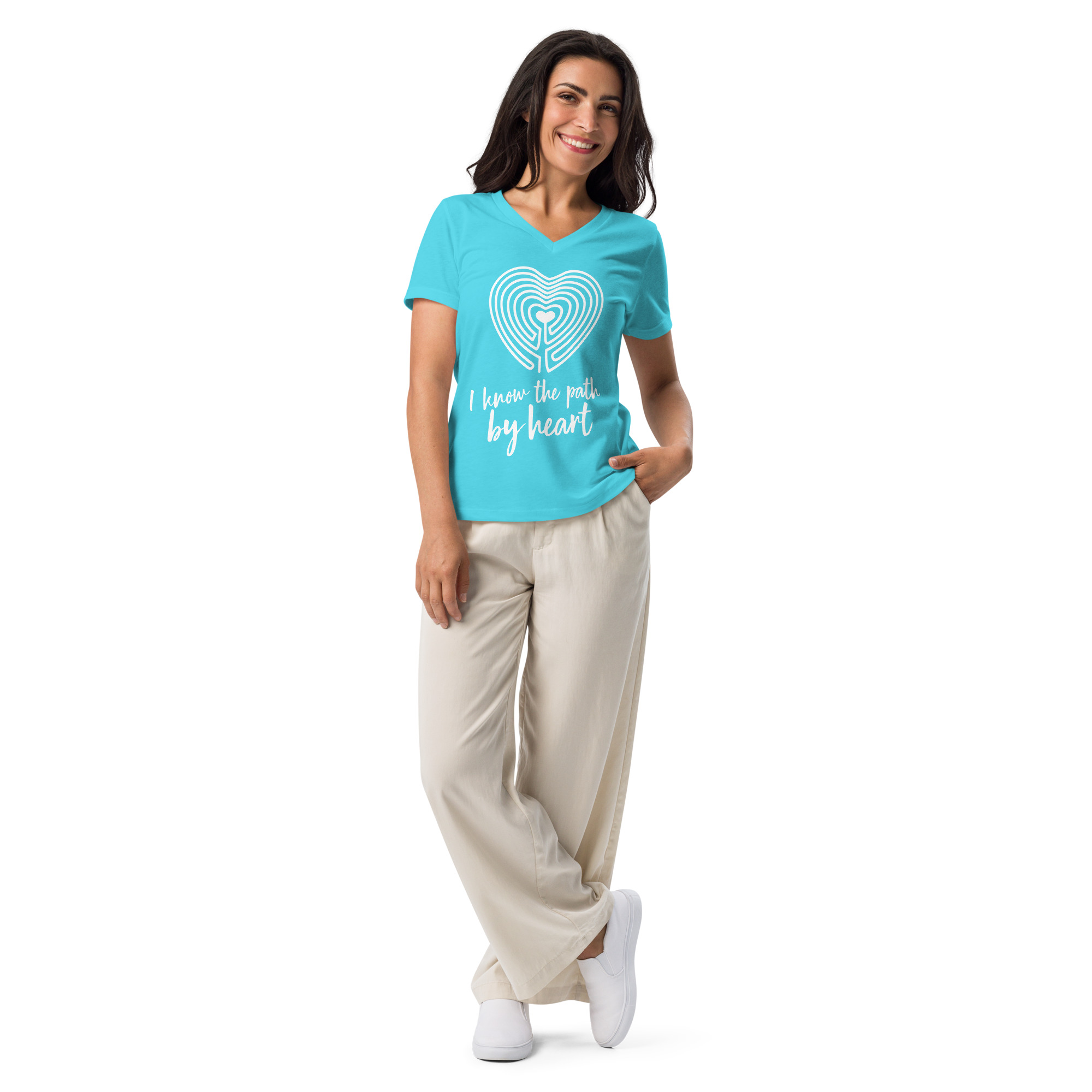 Labyrinth heart labyrinth I know the path by heart womens relaxed-v-neck-t-shirt-turquoise-front-6962667f5b5a7