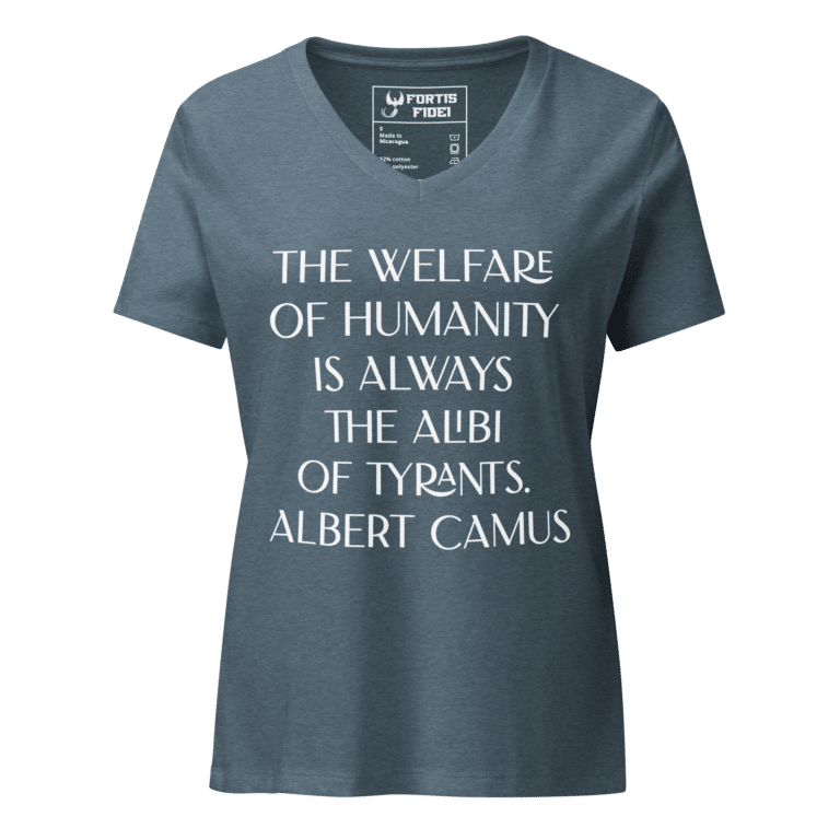 Welfare of Humanity womens relaxed-v-neck-t-shirt-heather-slate-front-69dfbeeebecbf